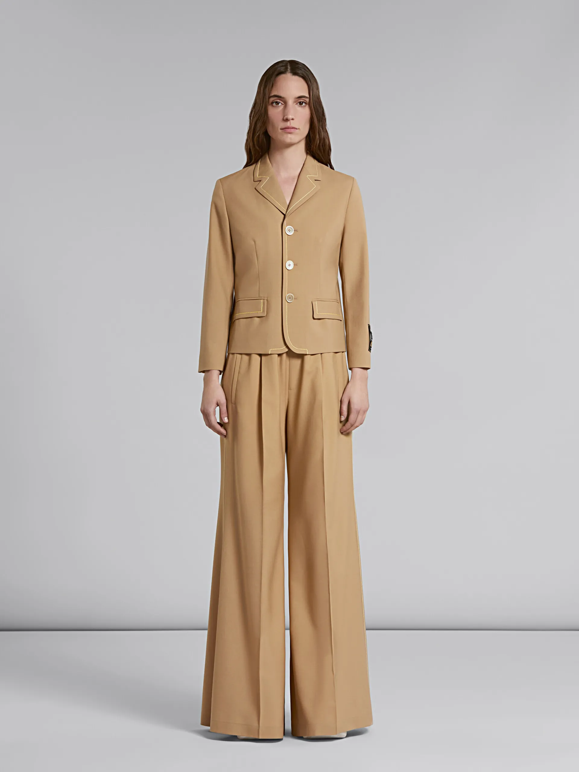 Pants>Marni Beige Flared Wool Trousers With Logo Waist DIJON