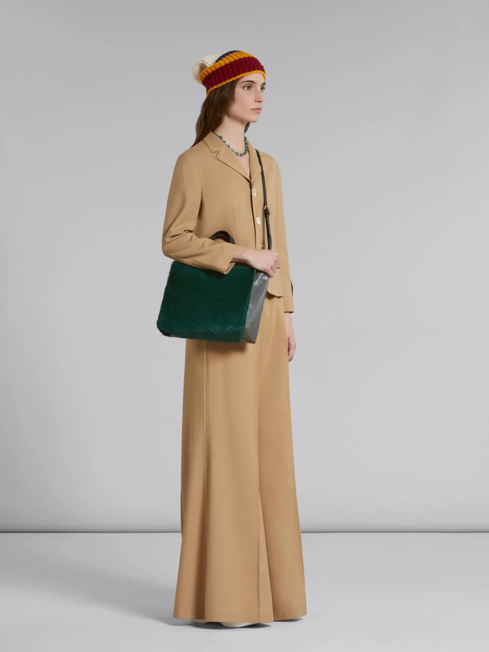 Pants>Marni Beige Flared Wool Trousers With Logo Waist DIJON
