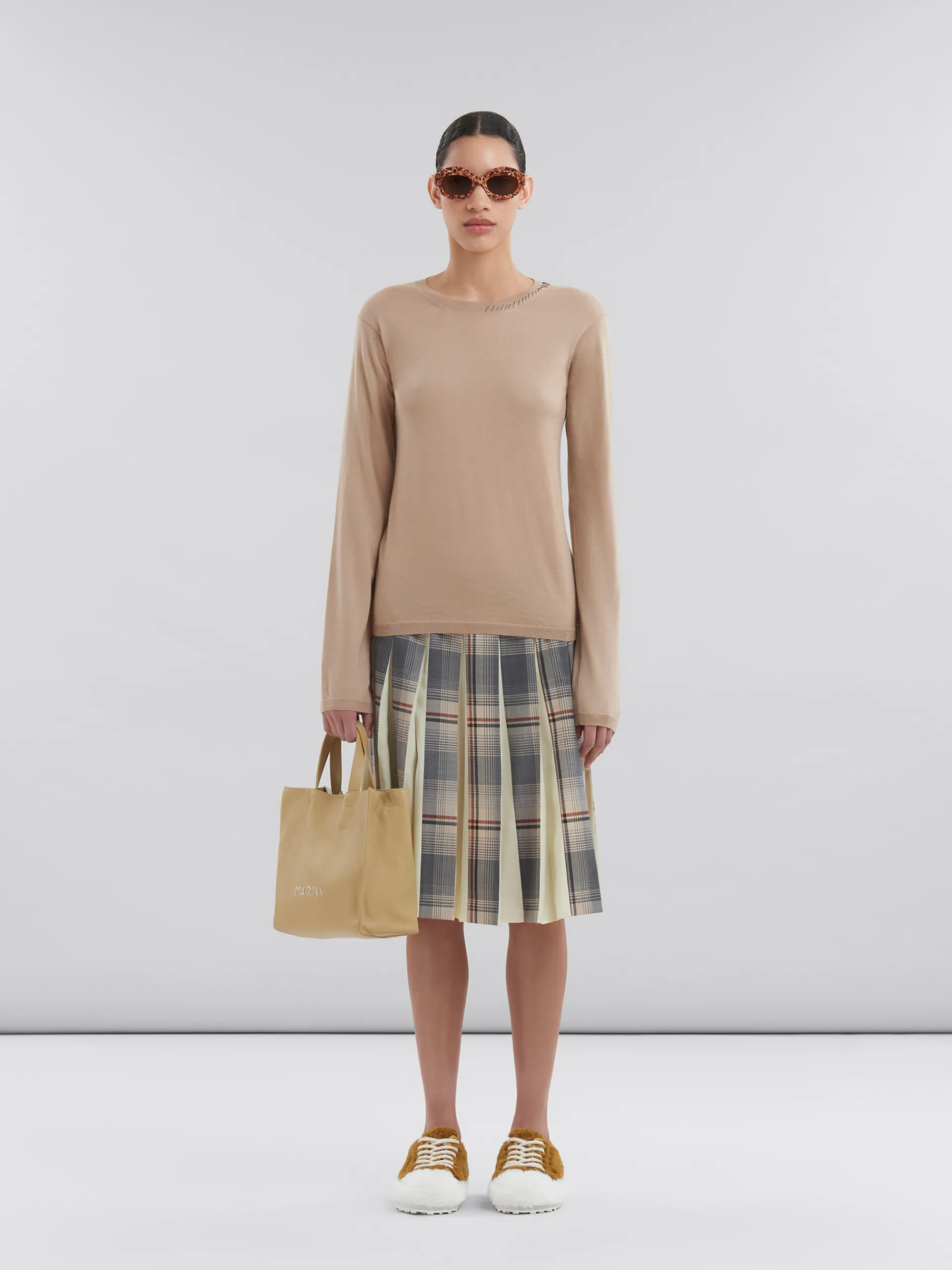 Tote Bags>Marni Beige Leather Museo Soft Tote Bag With Mending NOMAD/BEIGE