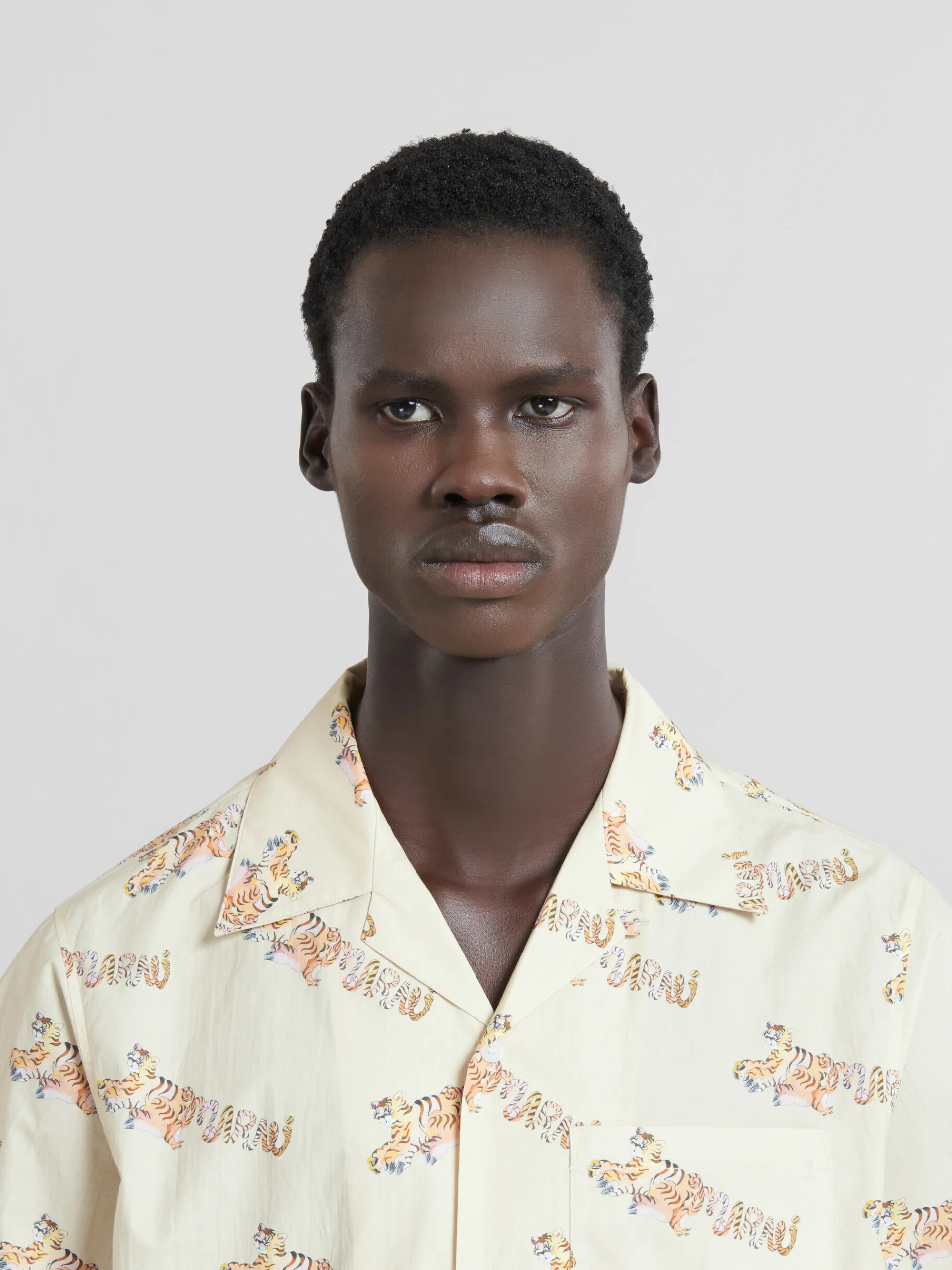 Tops & T-Shirts>Marni Beige Printed Organic Poplin Bowling Shirt SOFTBEIGE