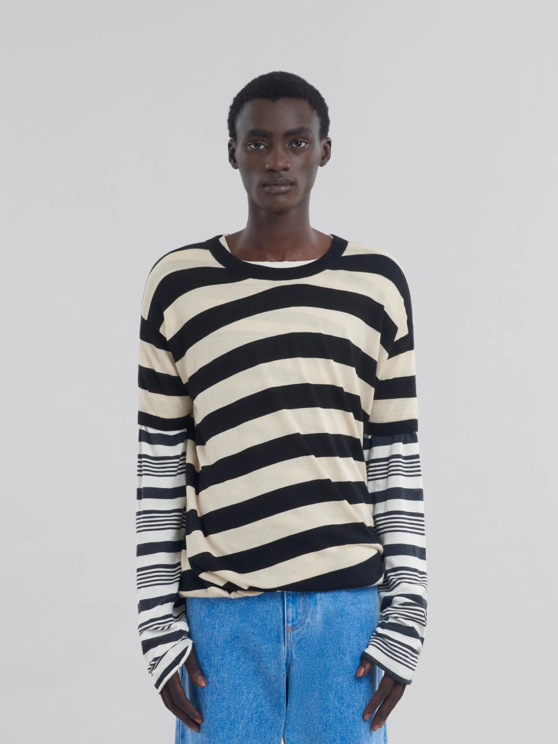 Knitwear>Marni Black And White Layered Cotton Crew-neck With Contrast Stripes GLASS