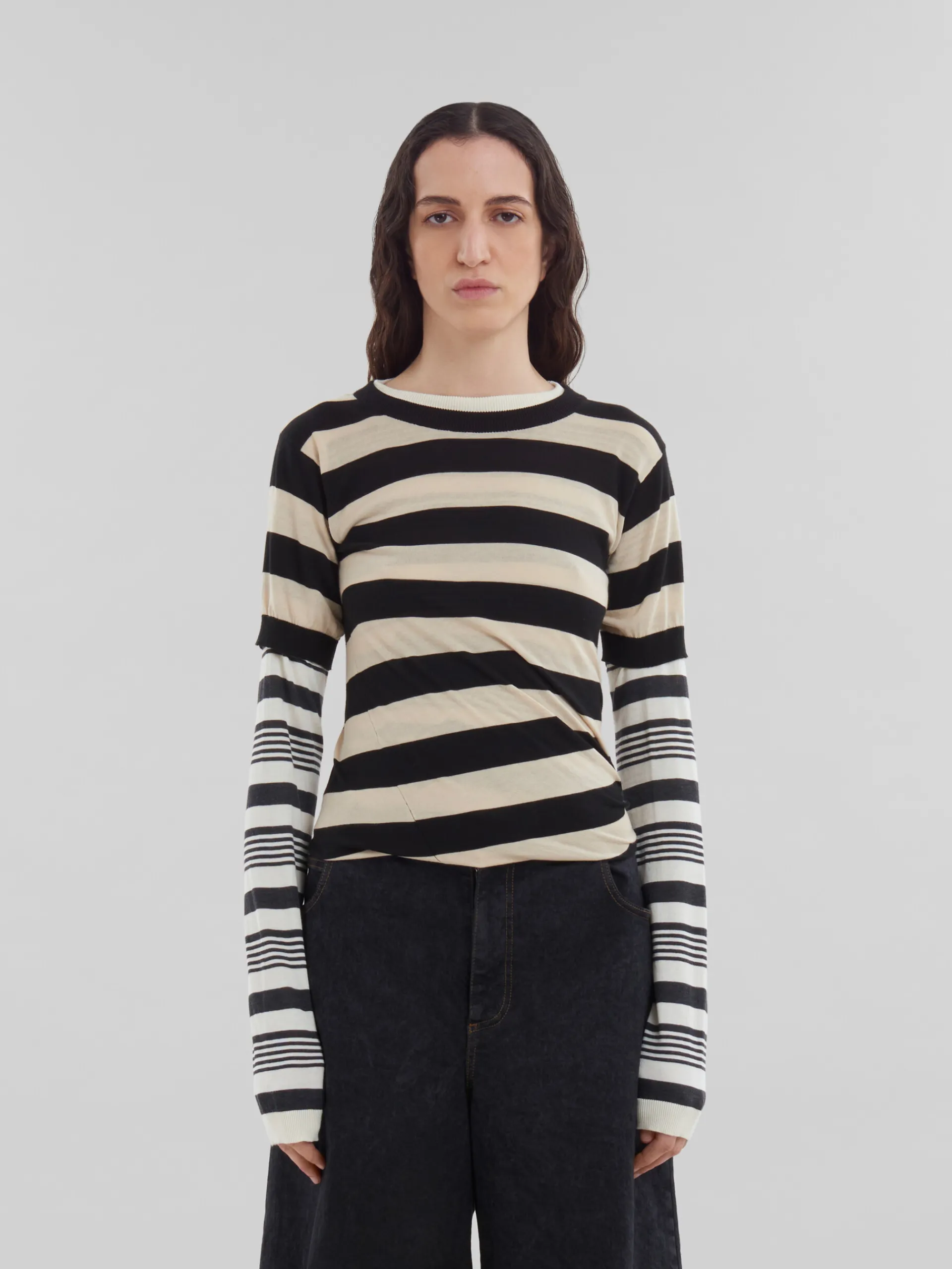 Knitwear>Marni Black And White Layered Cotton Crew-neck With Contrast Stripes GLASS