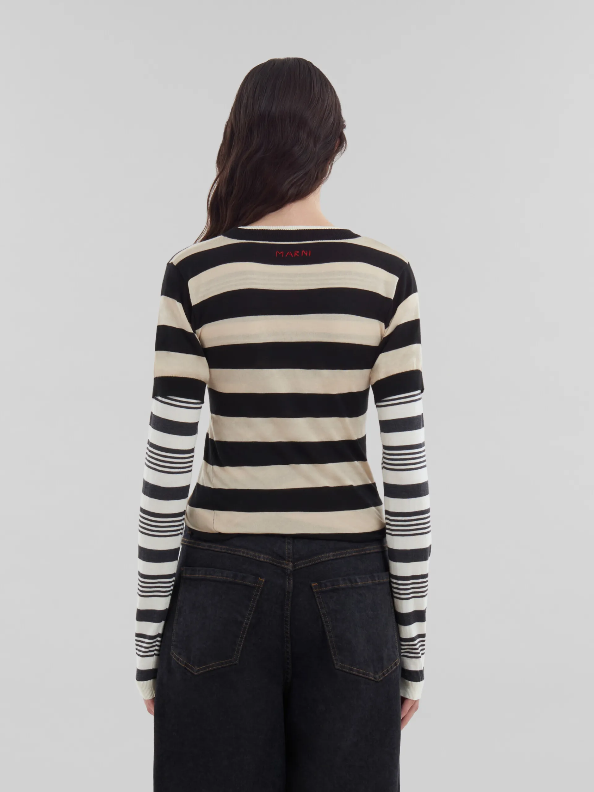 Knitwear>Marni Black And White Layered Cotton Crew-neck With Contrast Stripes GLASS