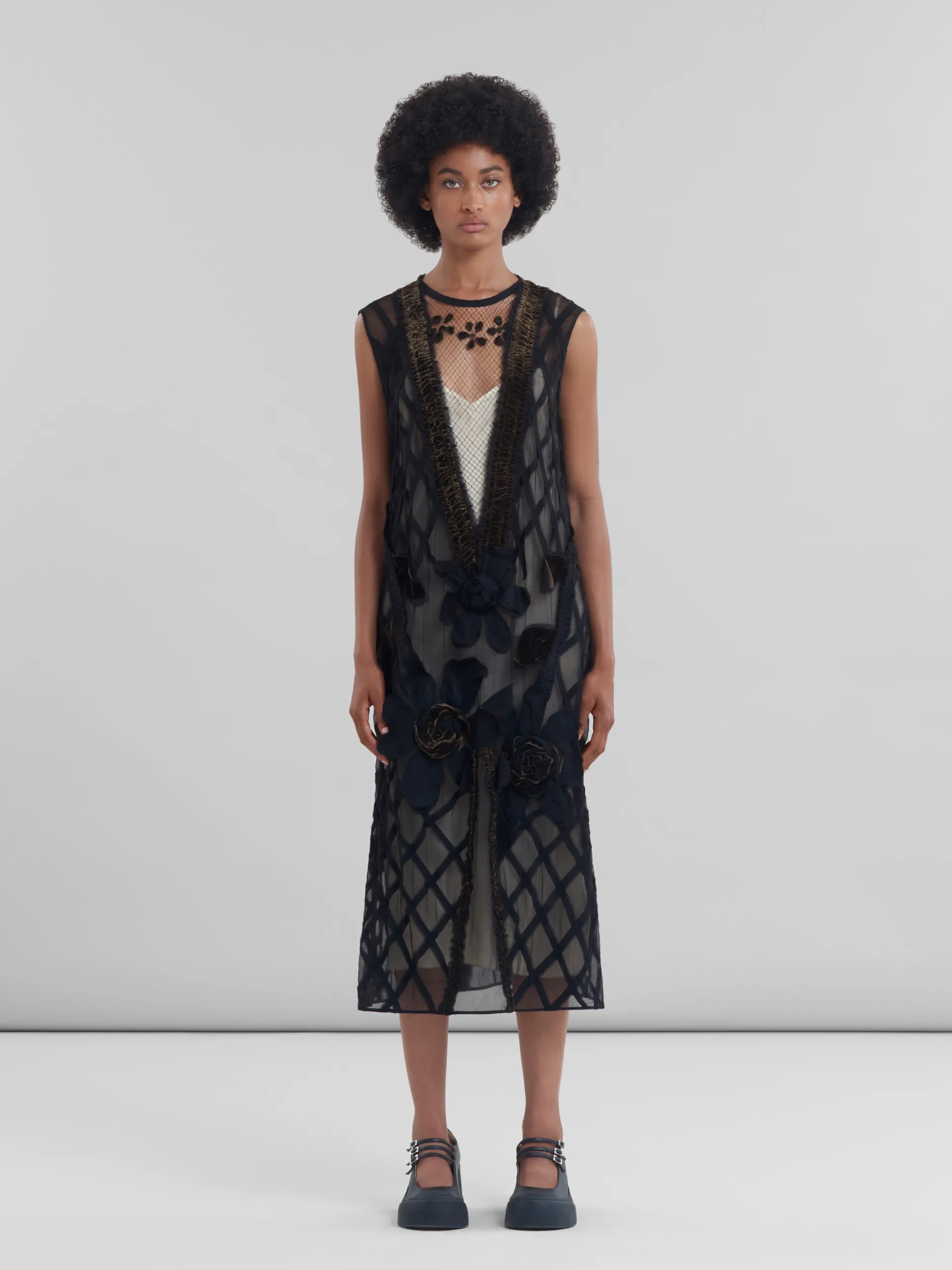 Dresses>Marni Chiffon Dress With Flower Appliqués BLACK
