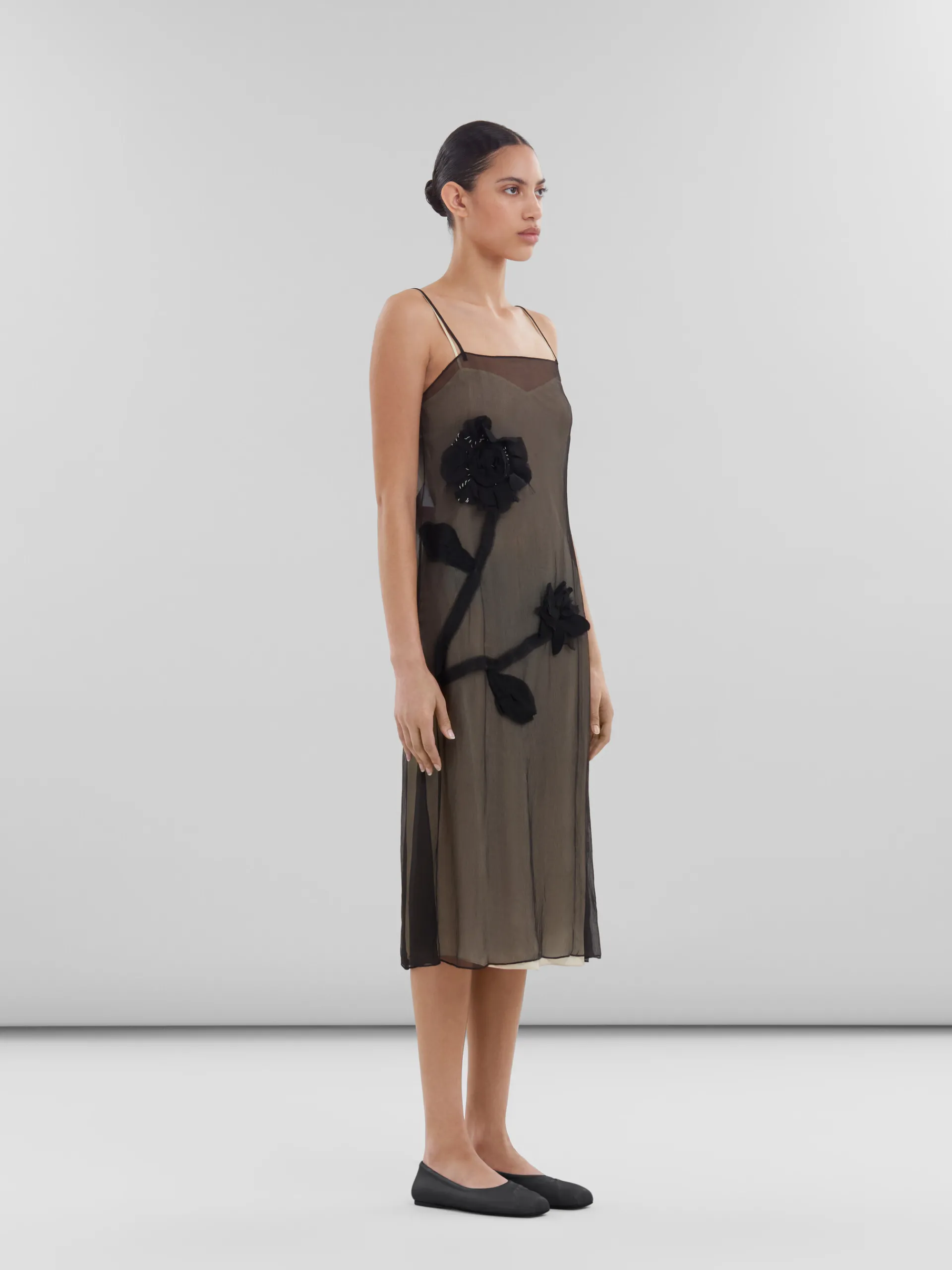 Dresses>Marni Crepon Slip Dress With Flower Appliqués BLACK