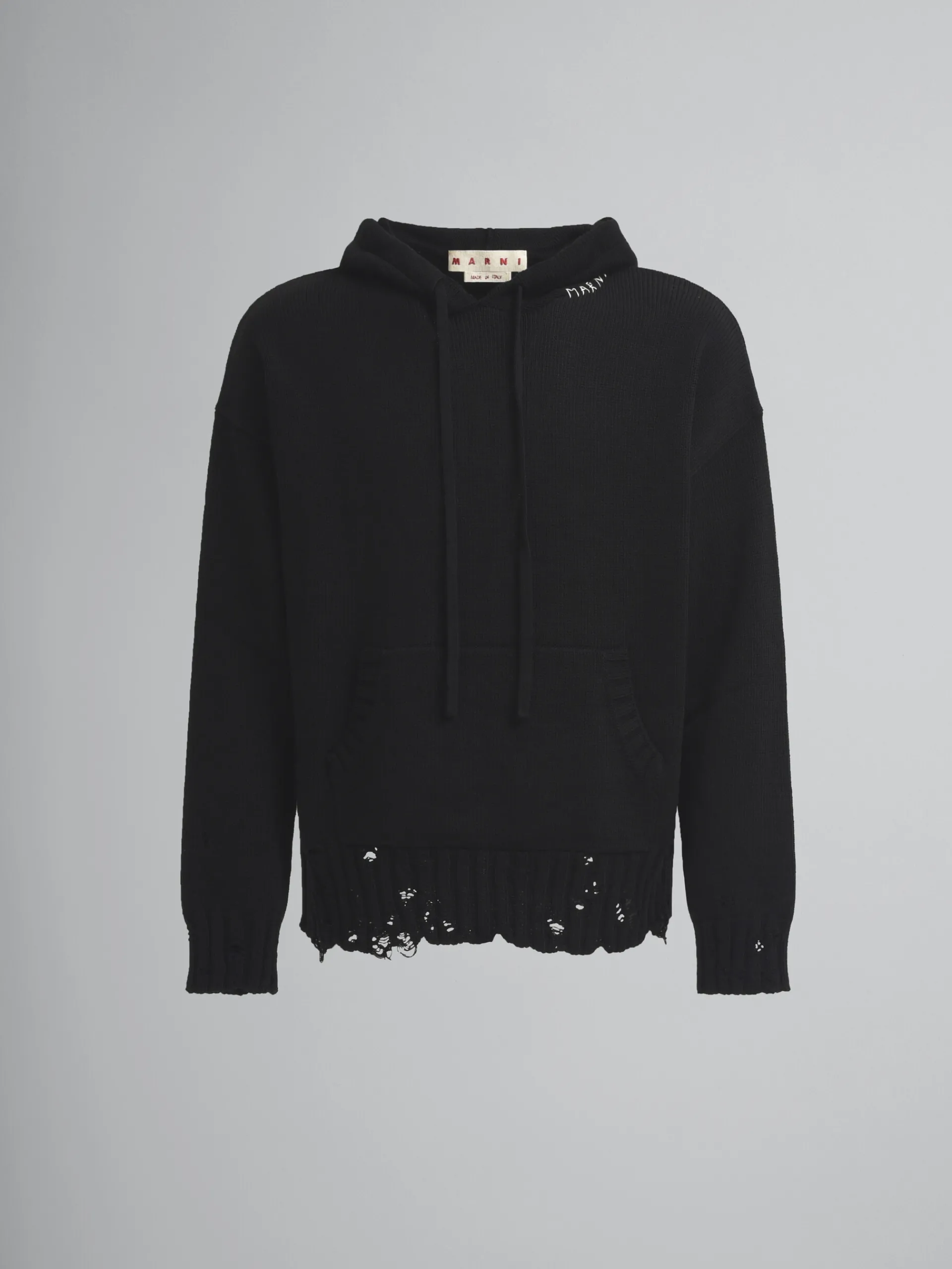 Knitwear>Marni Dishevelled Cotton Hoodie With Mending BLACK