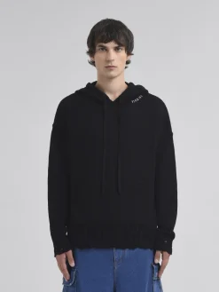 Knitwear>Marni Dishevelled Cotton Hoodie With Mending BLACK