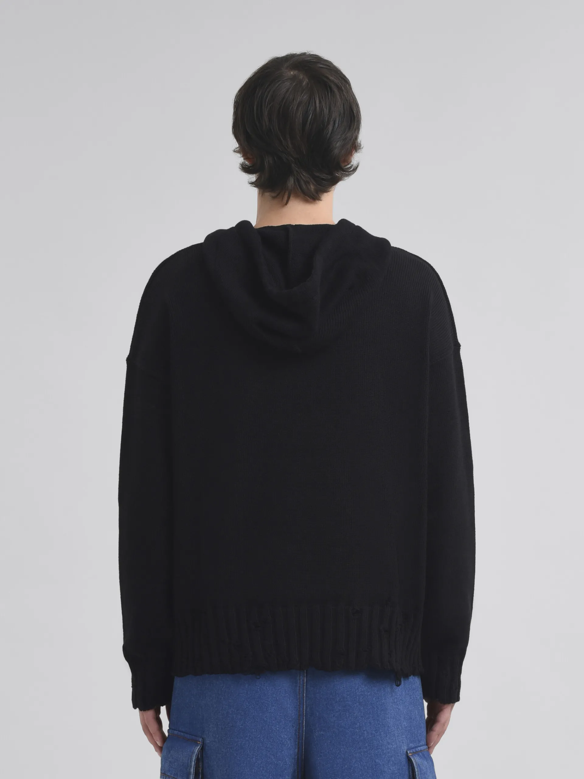 Knitwear>Marni Dishevelled Cotton Hoodie With Mending BLACK