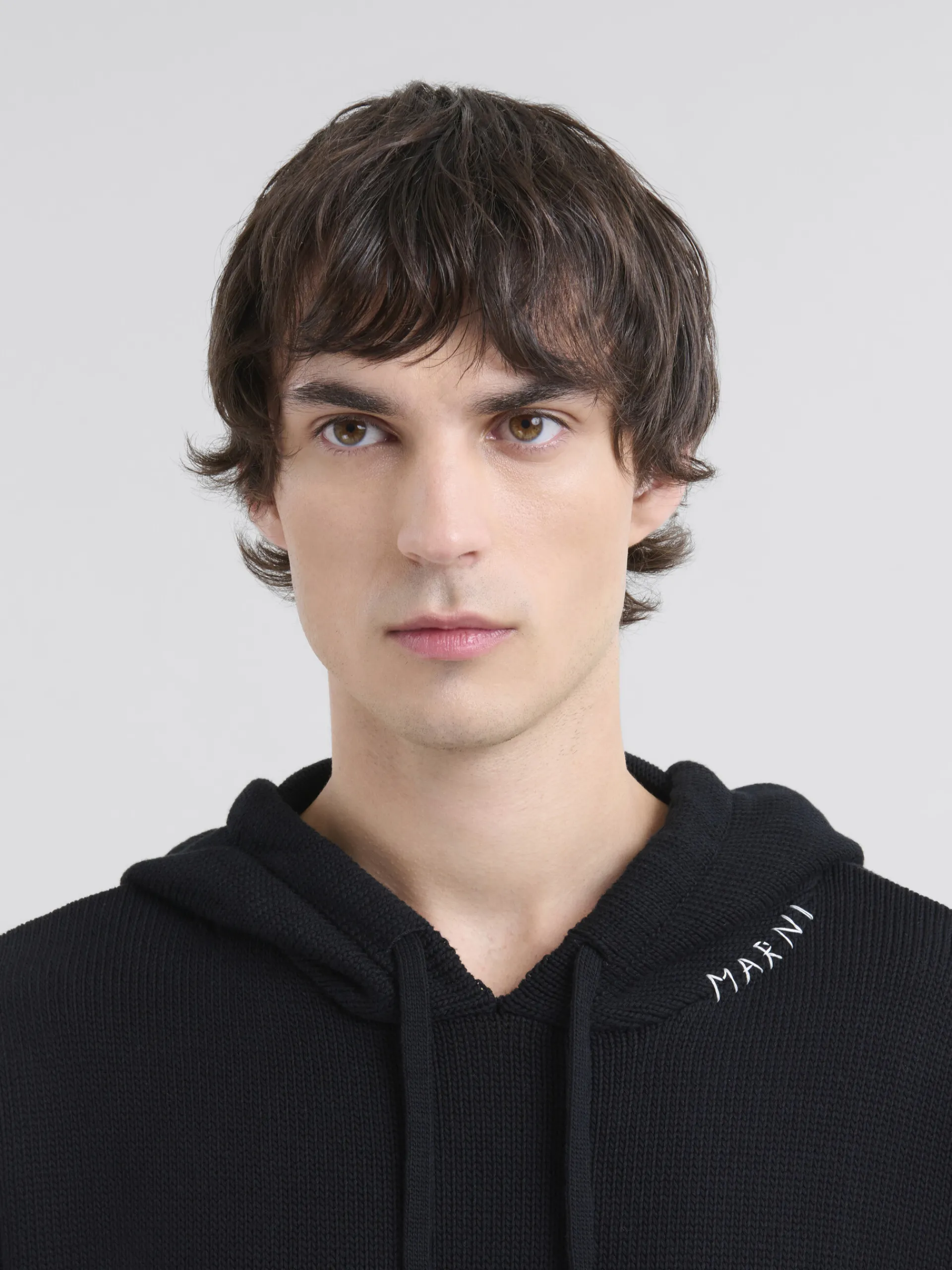 Knitwear>Marni Dishevelled Cotton Hoodie With Mending BLACK