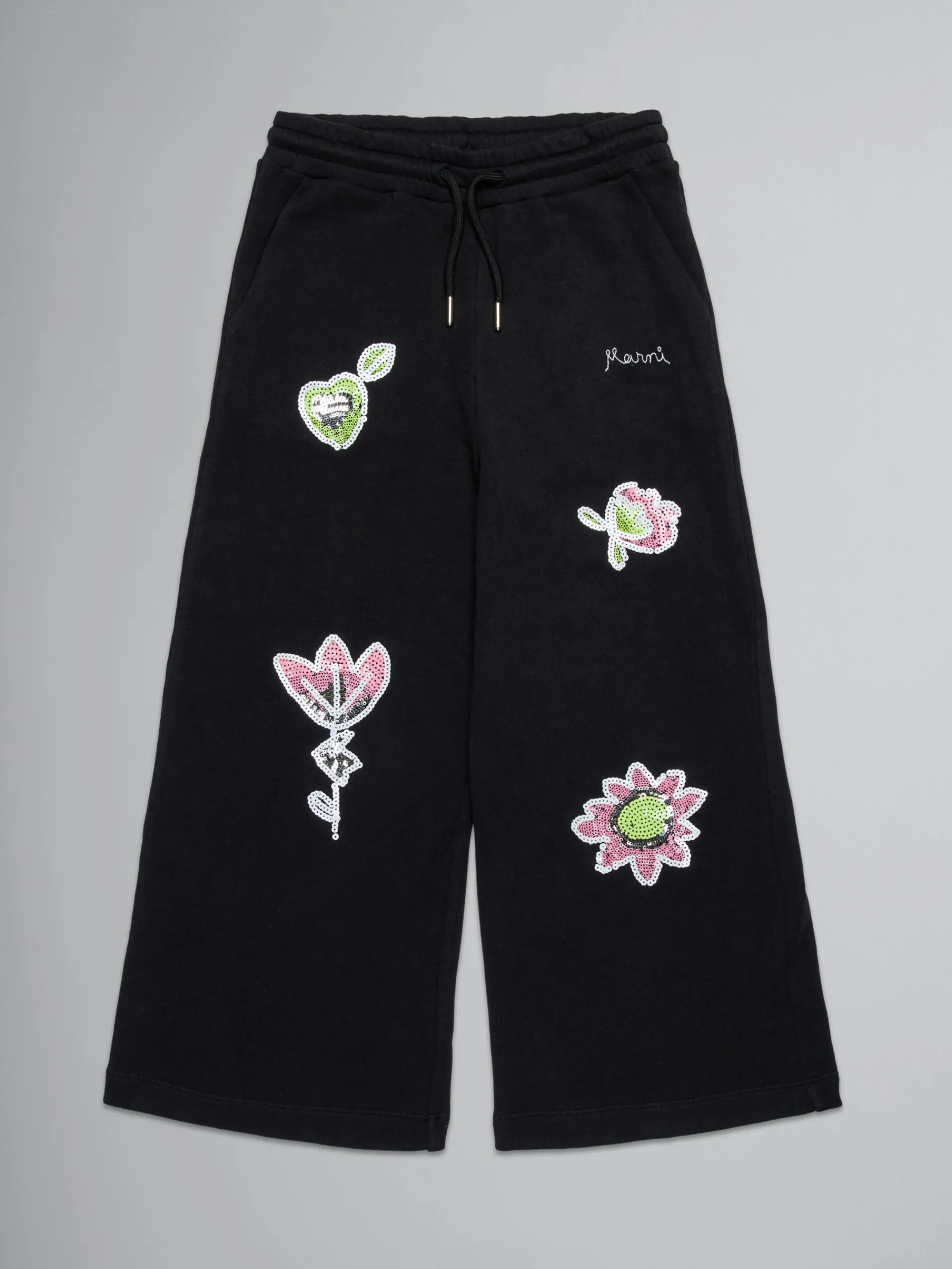 Kids>Marni Fleece Wide Trousers With Sequined Flowers BLACK