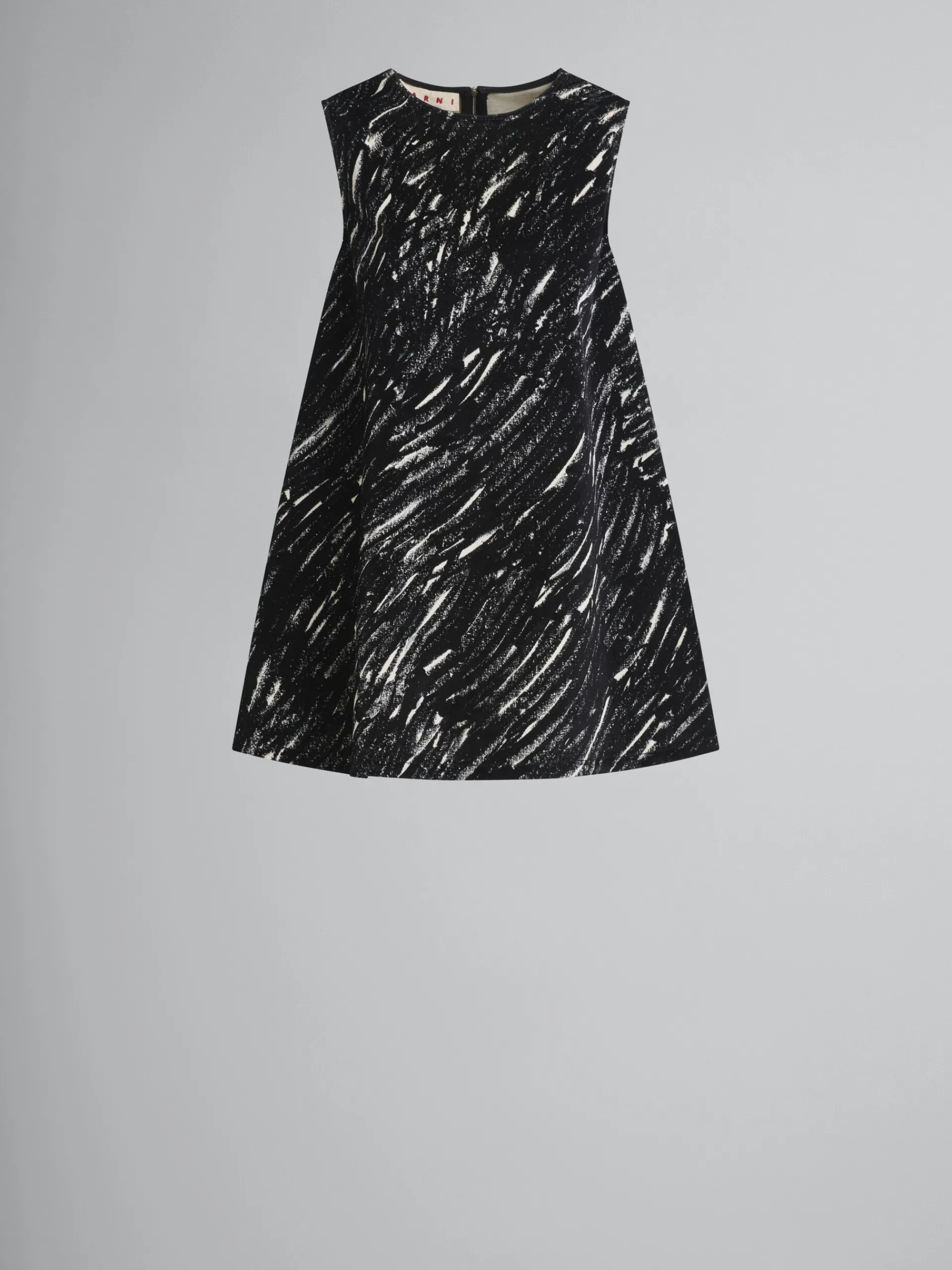 Dresses>Marni Flocked Denim Flared Dress With Crayon Print BLACK