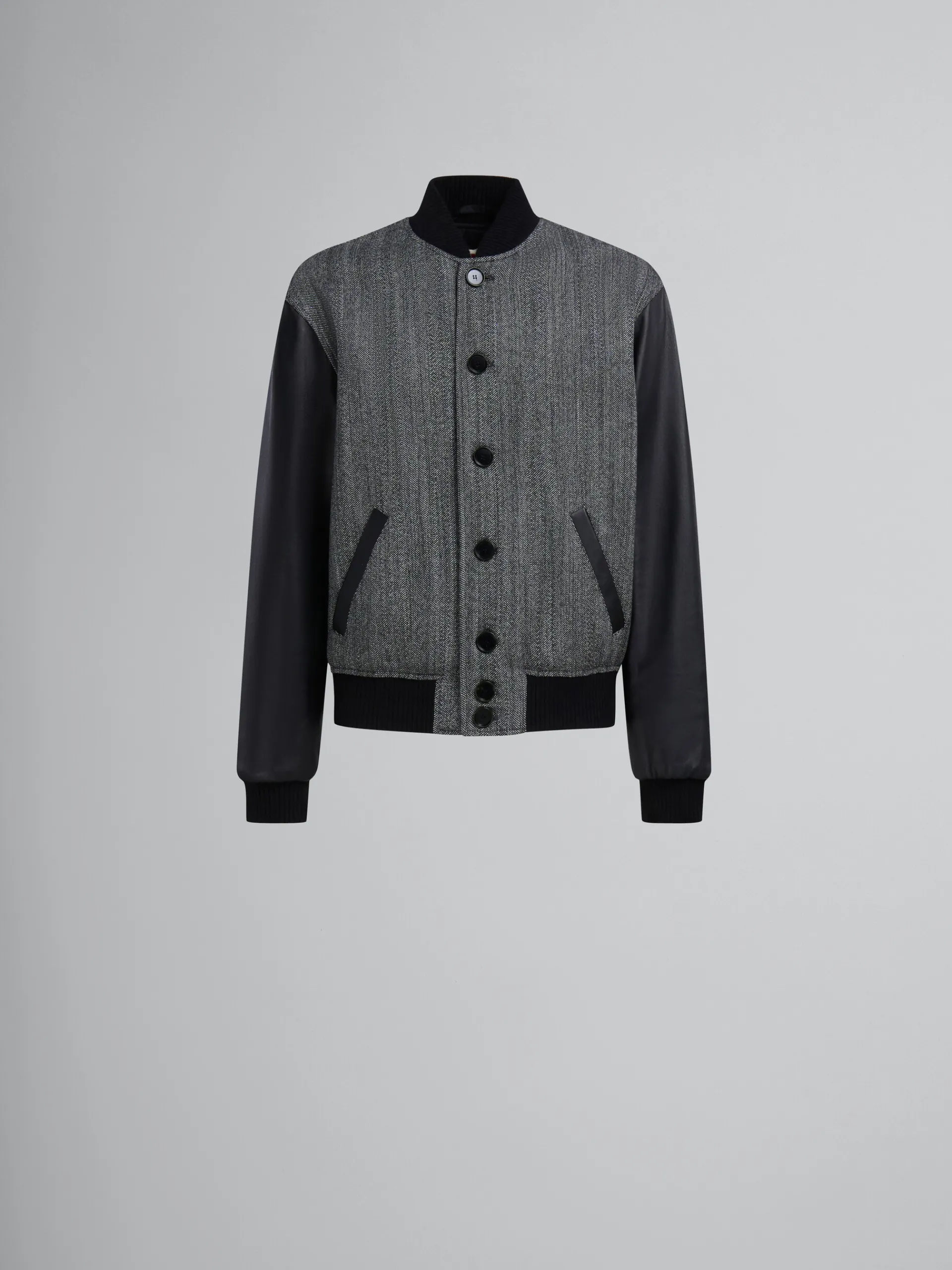 Coats & Jackets>Marni Herringbone Wool Jacket With Leather Sleeves BLACK