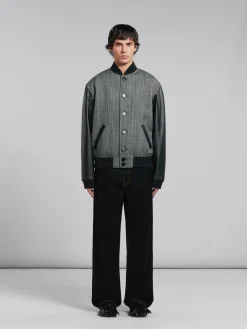 Coats & Jackets>Marni Herringbone Wool Jacket With Leather Sleeves BLACK