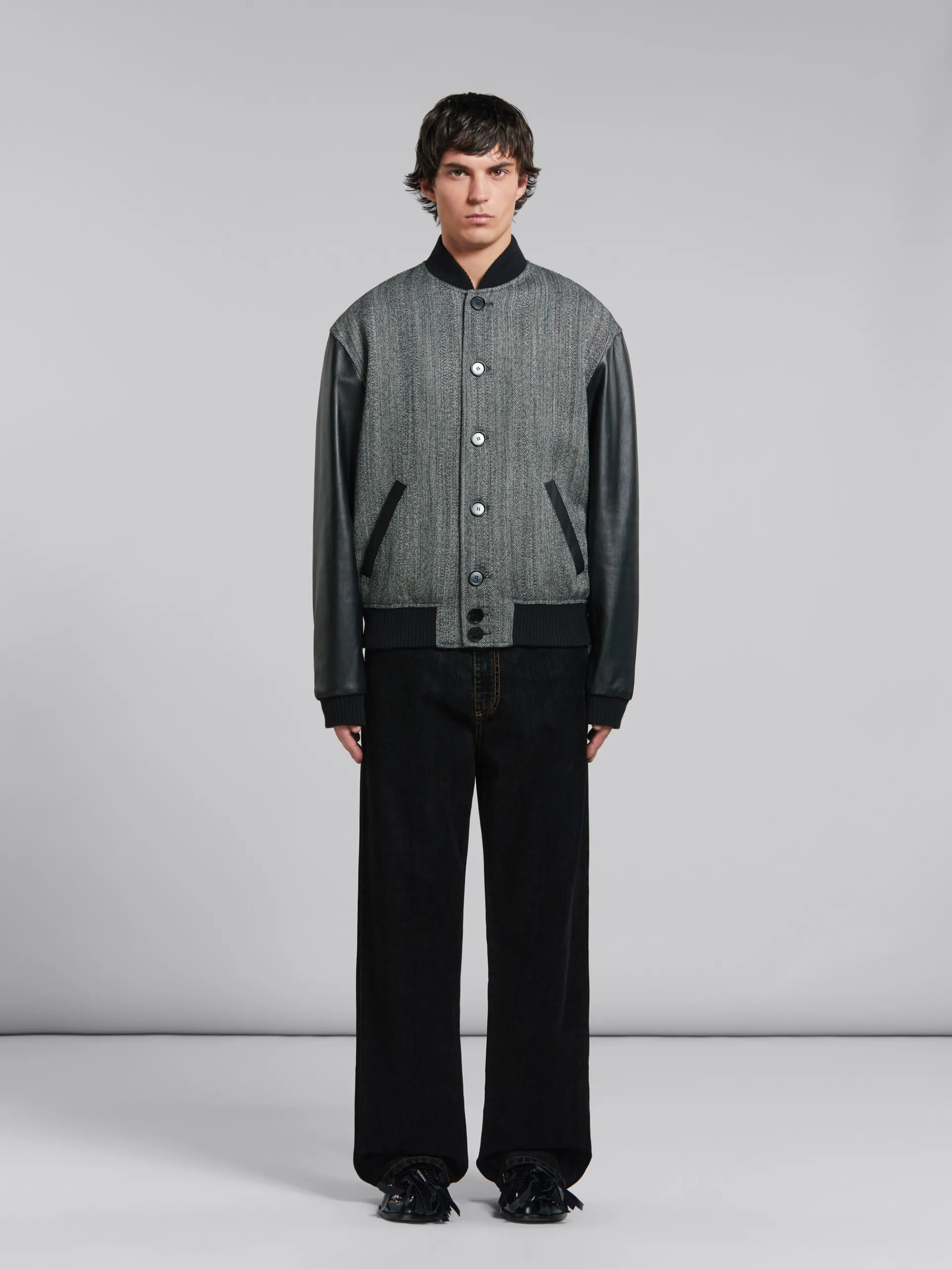 Coats & Jackets>Marni Herringbone Wool Jacket With Leather Sleeves BLACK