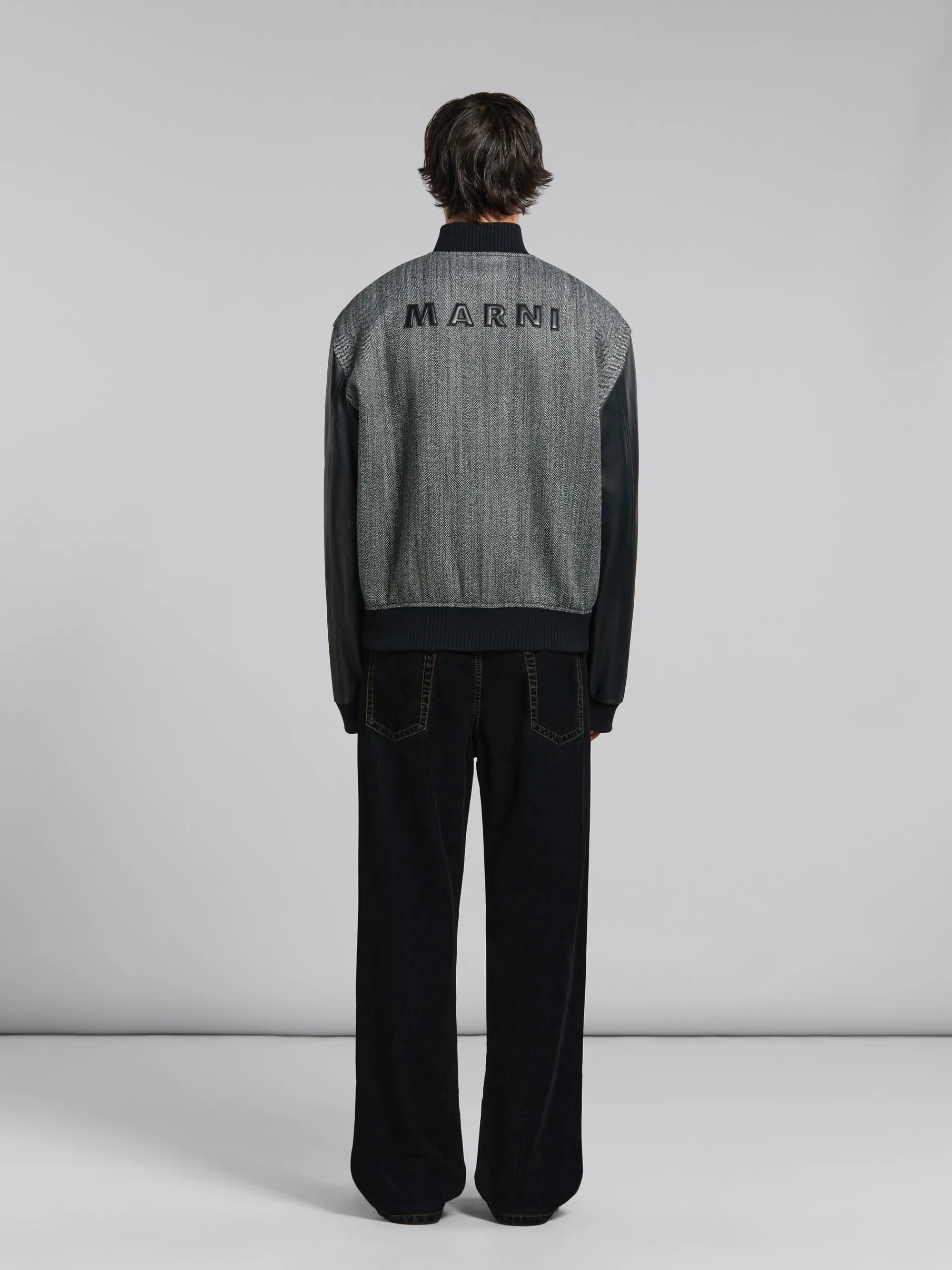 Coats & Jackets>Marni Herringbone Wool Jacket With Leather Sleeves BLACK