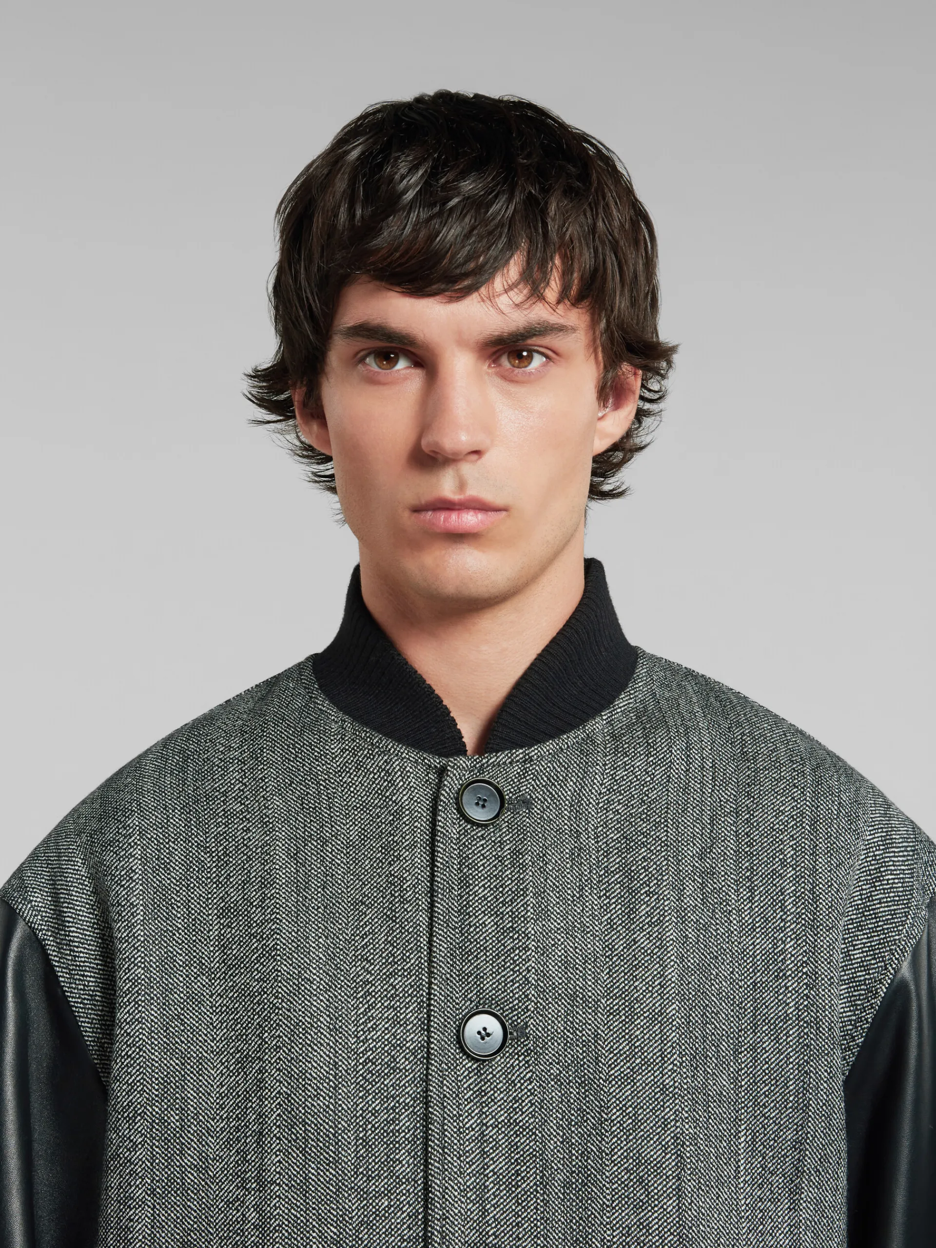 Coats & Jackets>Marni Herringbone Wool Jacket With Leather Sleeves BLACK