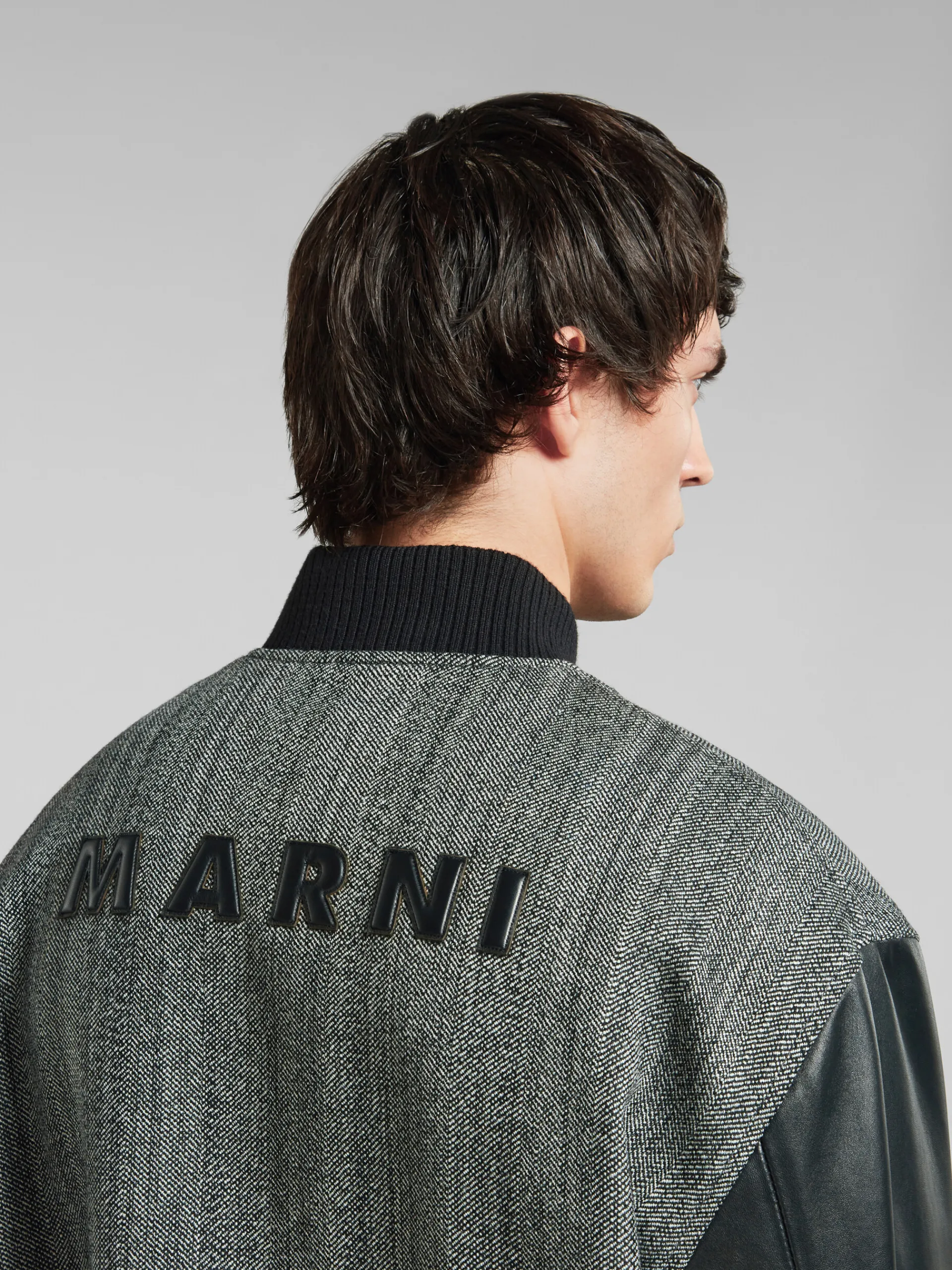 Coats & Jackets>Marni Herringbone Wool Jacket With Leather Sleeves BLACK