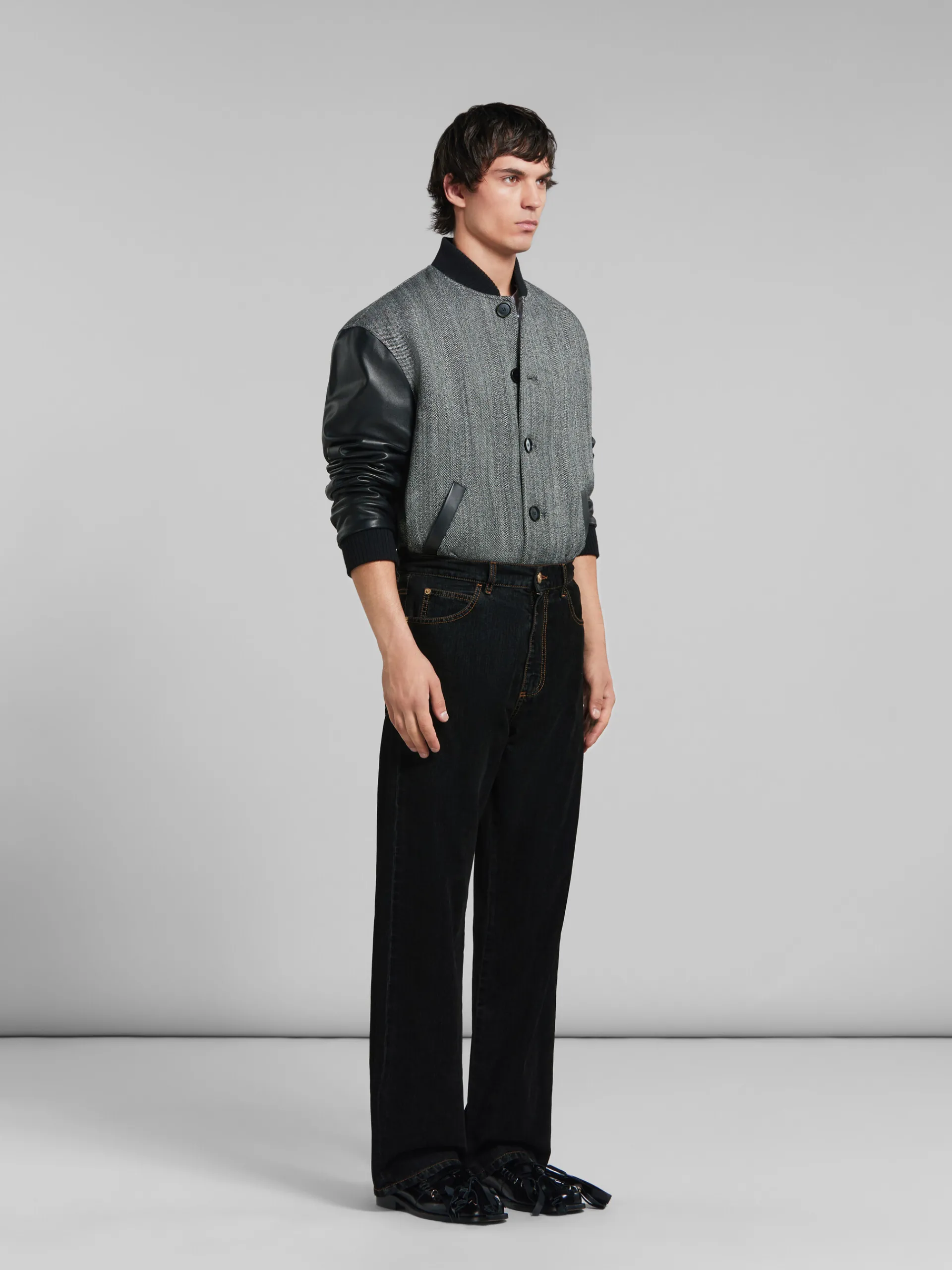 Coats & Jackets>Marni Herringbone Wool Jacket With Leather Sleeves BLACK