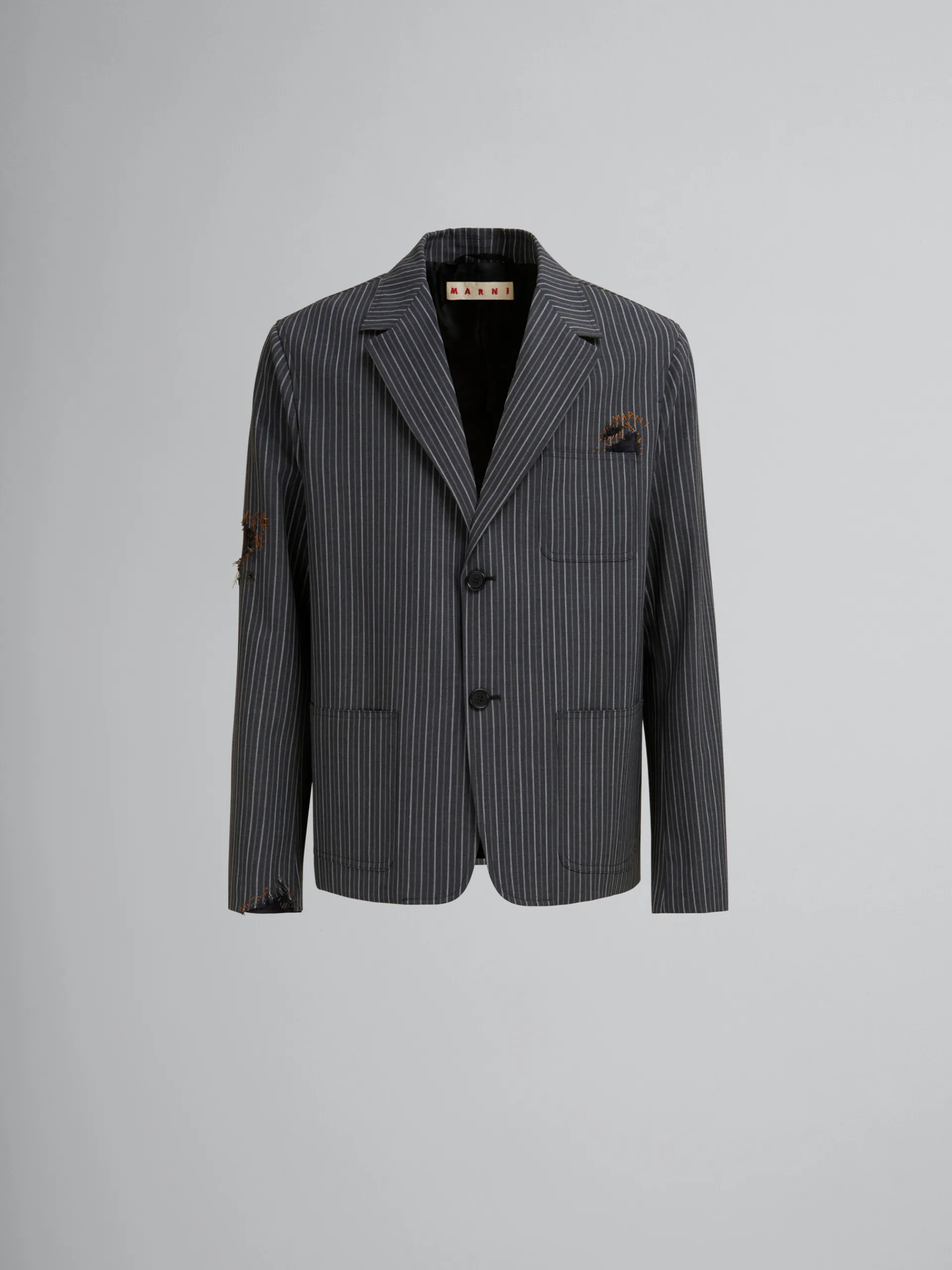 Coats & Jackets>Marni Pinstripe Wool Blazer With Mending Embroidery BLACK
