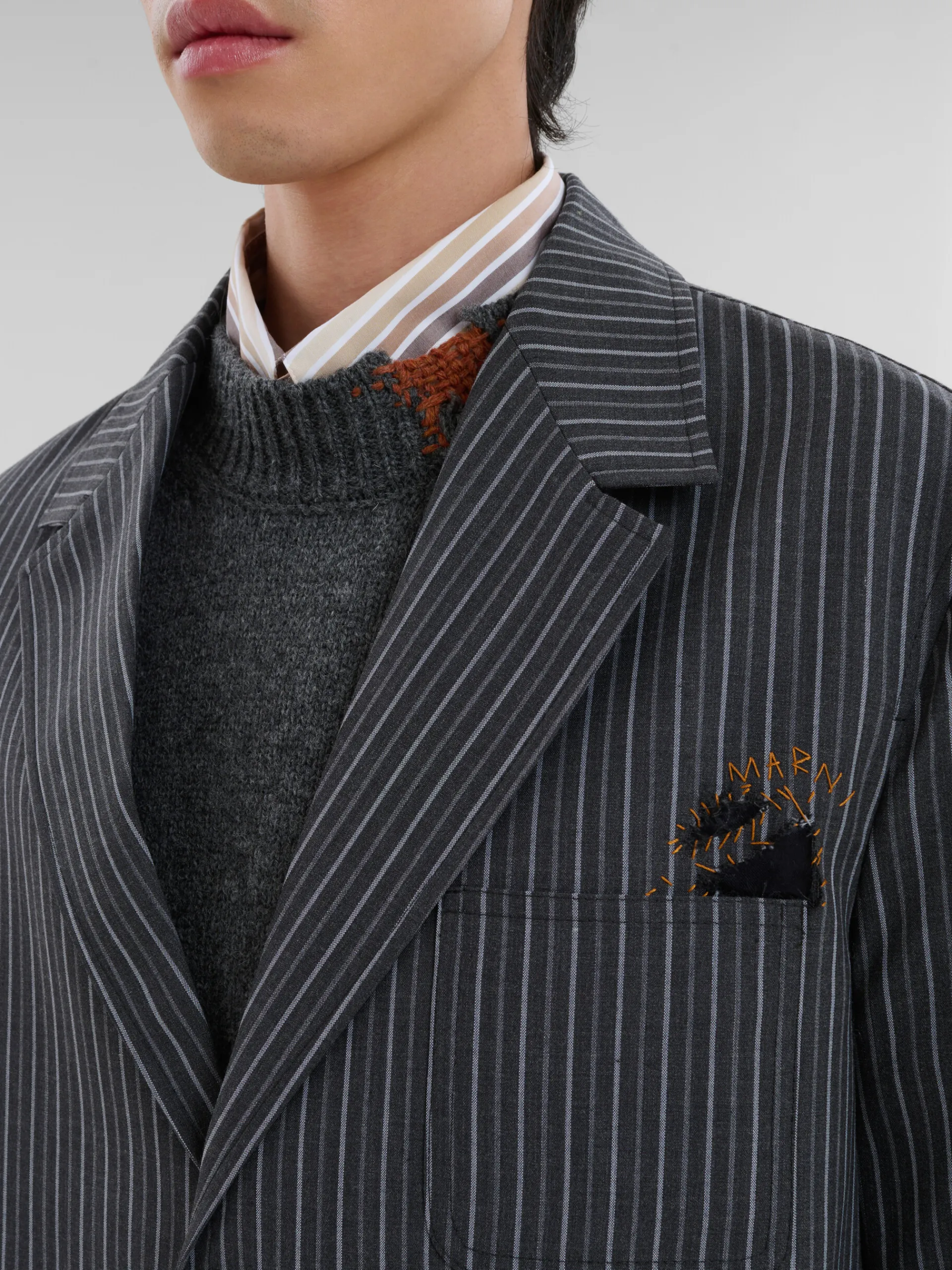Coats & Jackets>Marni Pinstripe Wool Blazer With Mending Embroidery BLACK