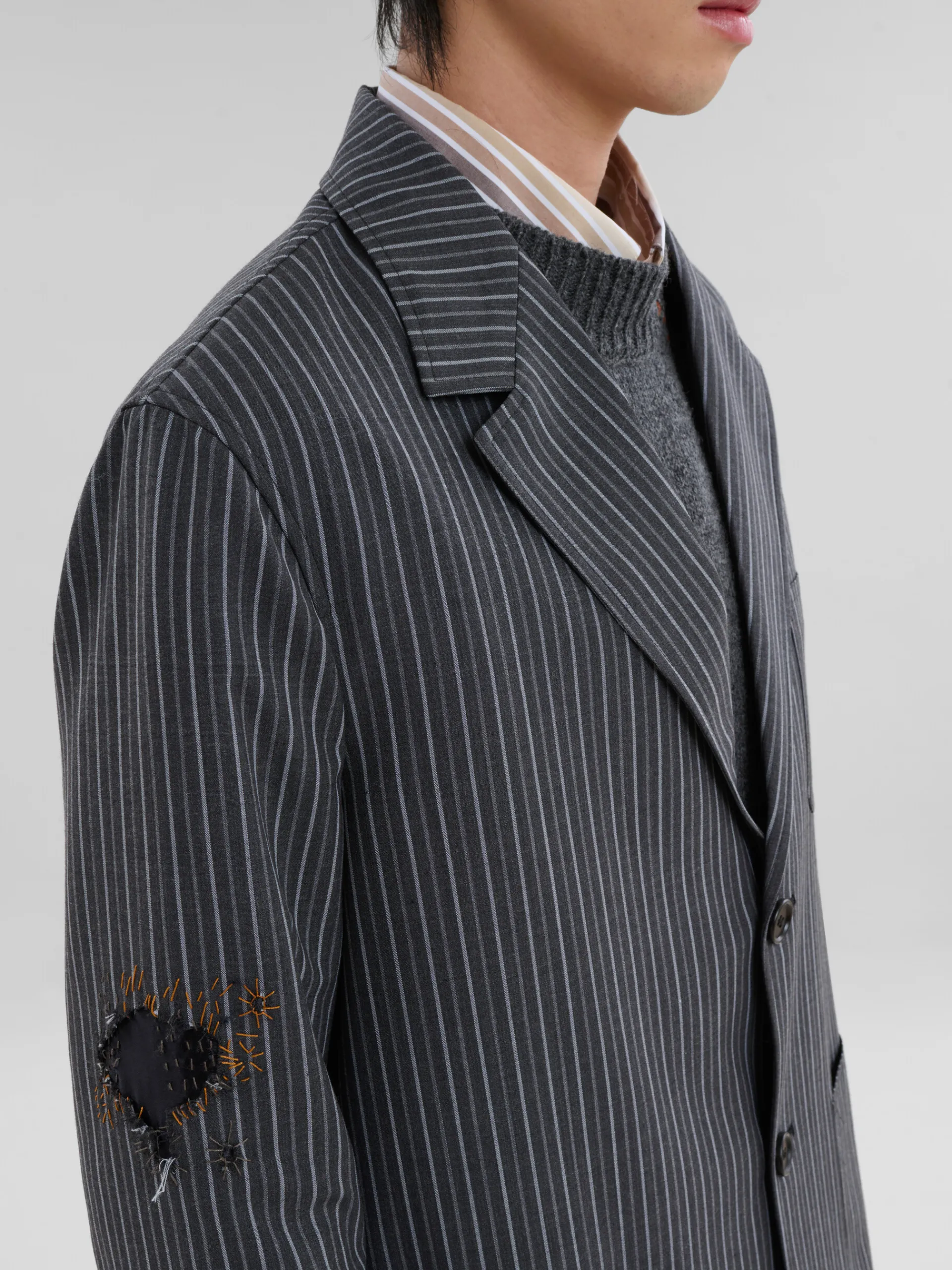 Coats & Jackets>Marni Pinstripe Wool Blazer With Mending Embroidery BLACK