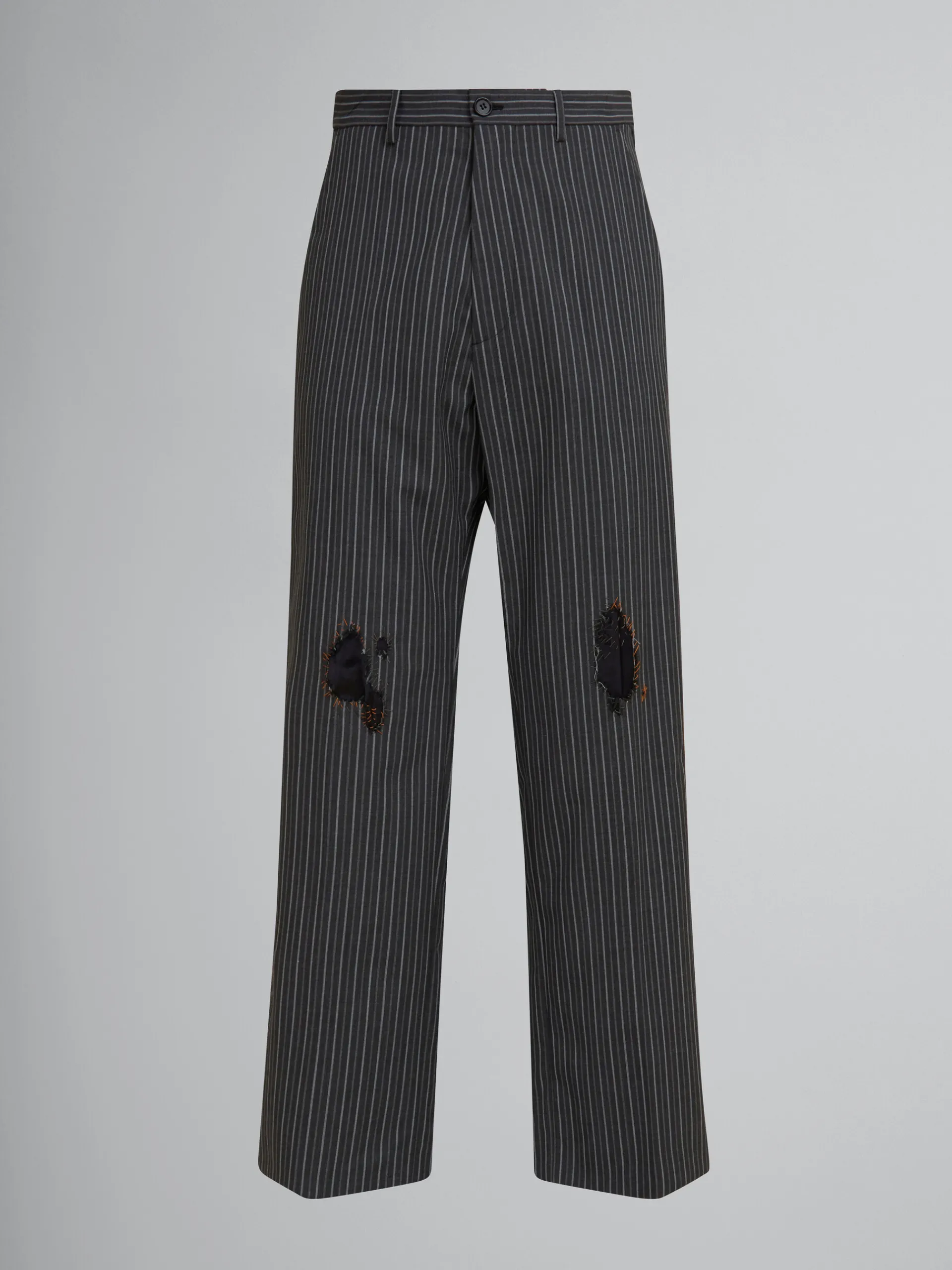 Pants>Marni Pinstripe Wool Trousers With Mending Embroidery BLACK