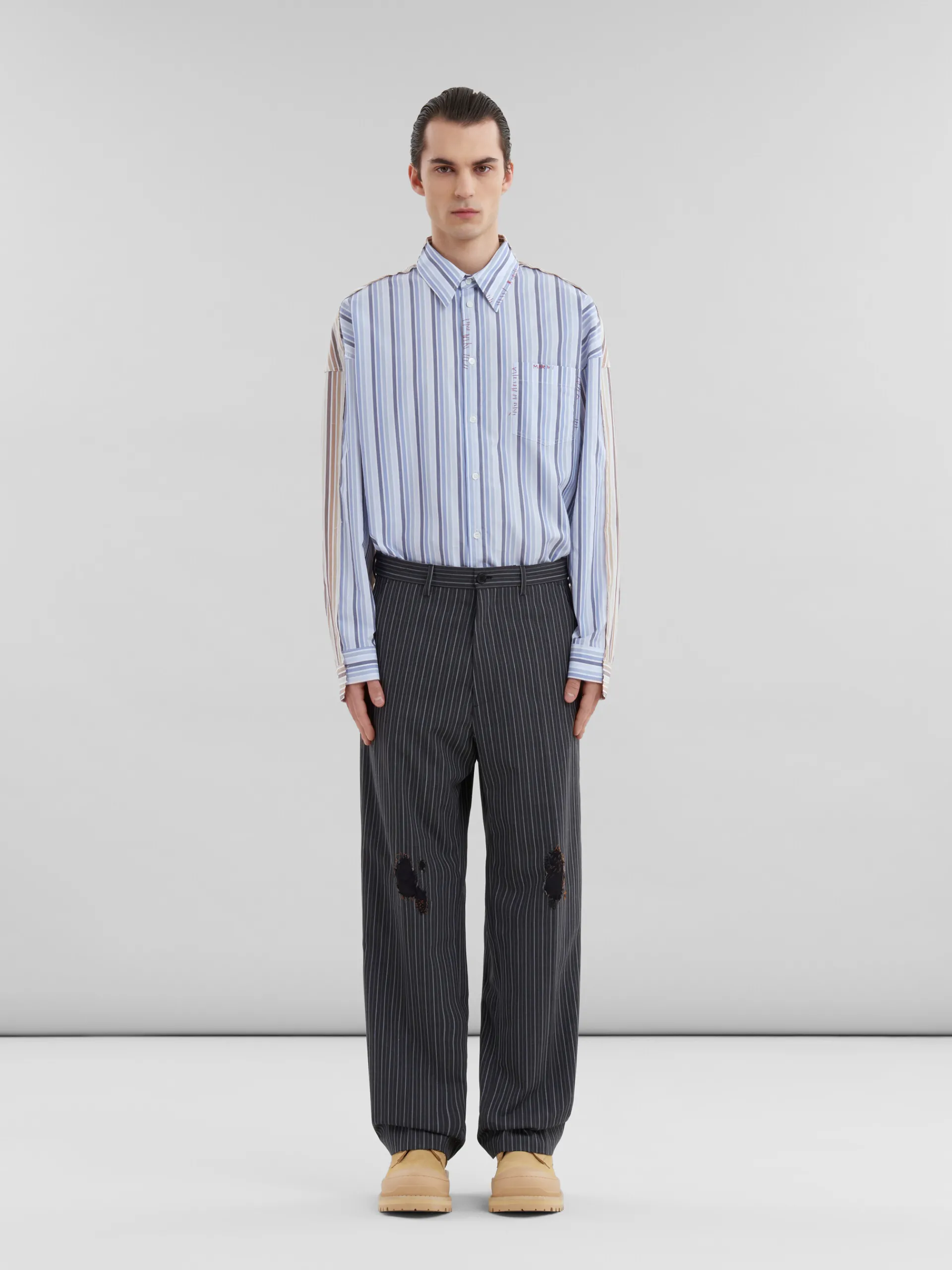 Pants>Marni Pinstripe Wool Trousers With Mending Embroidery BLACK