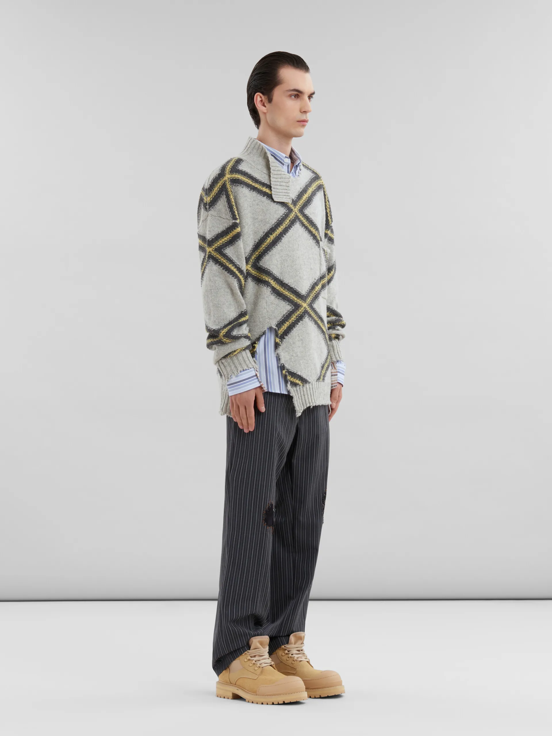 Pants>Marni Pinstripe Wool Trousers With Mending Embroidery BLACK