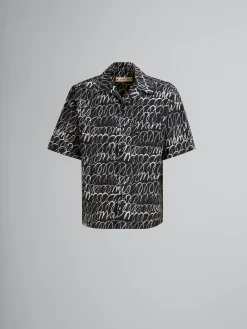 Matching Sets | Tops & T-Shirts>Marni Poplin Bowling Shirt With Scribble Motif BLACK
