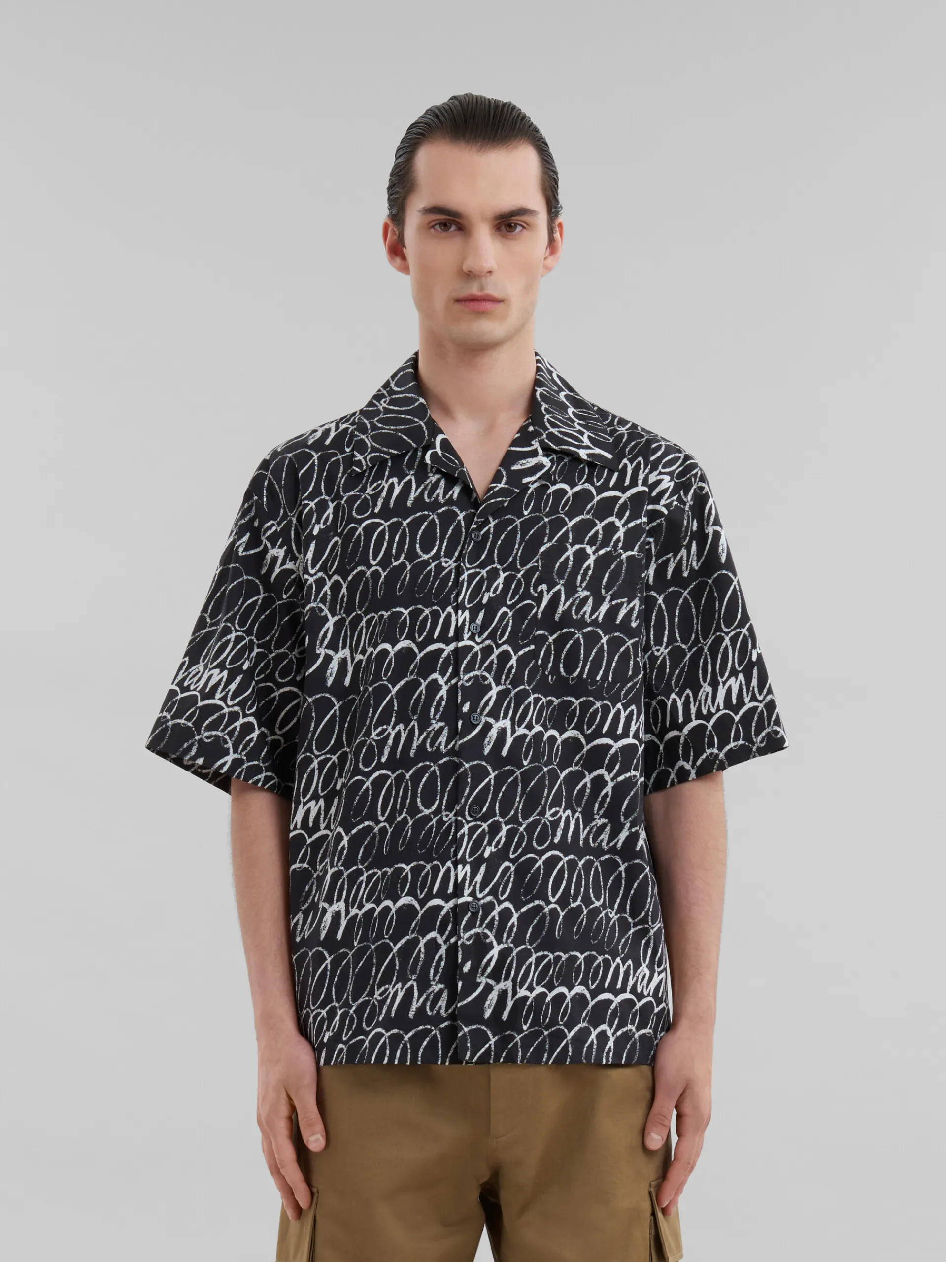 Matching Sets | Tops & T-Shirts>Marni Poplin Bowling Shirt With Scribble Motif BLACK