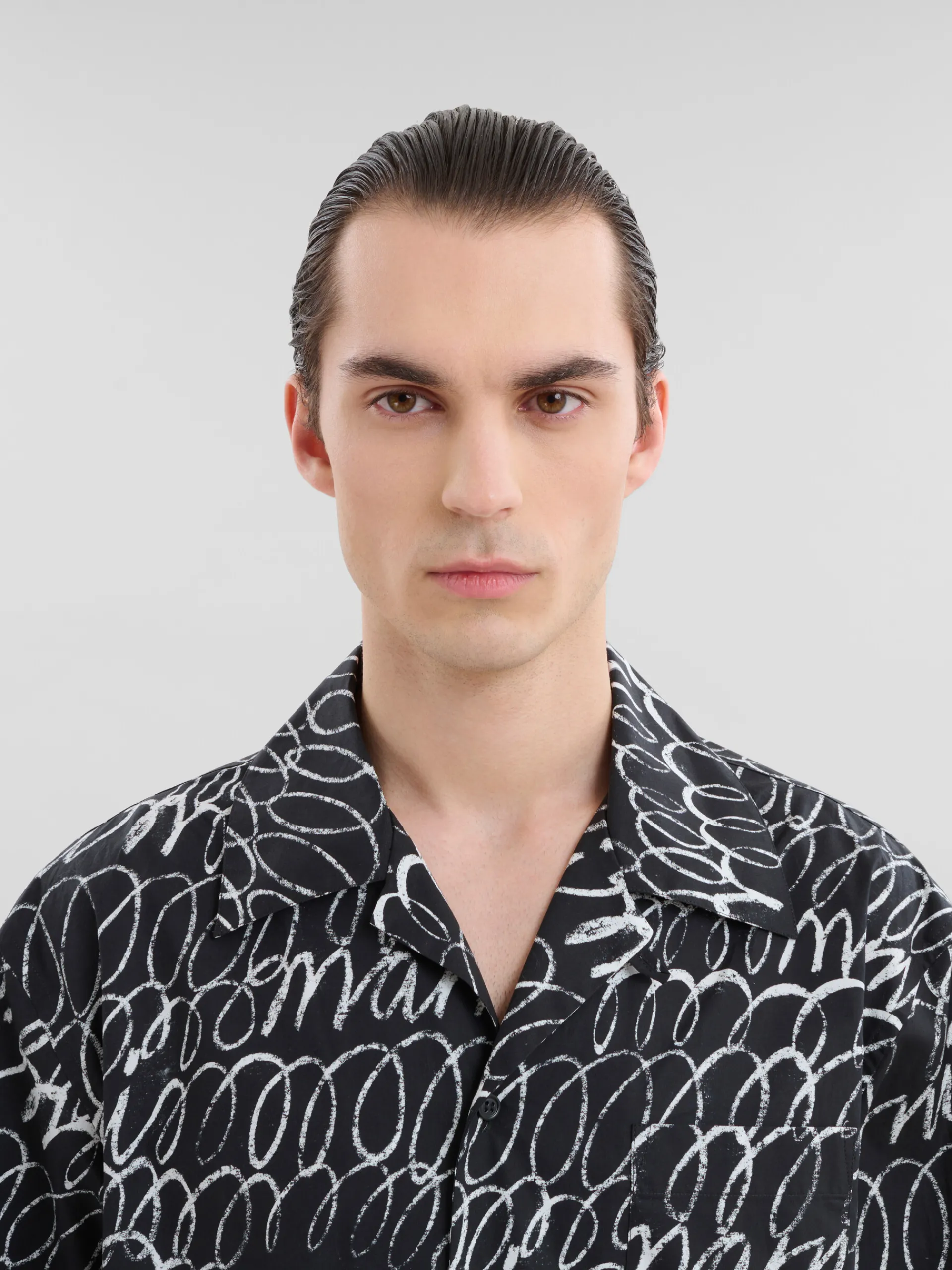 Matching Sets | Tops & T-Shirts>Marni Poplin Bowling Shirt With Scribble Motif BLACK