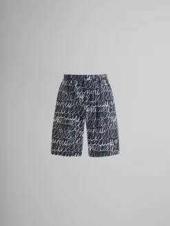 Pants | Matching Sets>Marni Poplin Drawstring Shorts With Scribble Motif BLACK