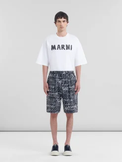 Pants | Matching Sets>Marni Poplin Drawstring Shorts With Scribble Motif BLACK