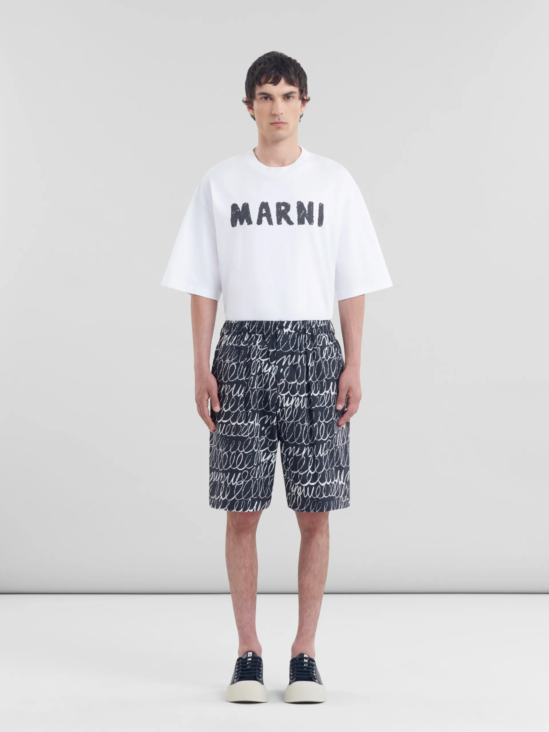 Pants | Matching Sets>Marni Poplin Drawstring Shorts With Scribble Motif BLACK