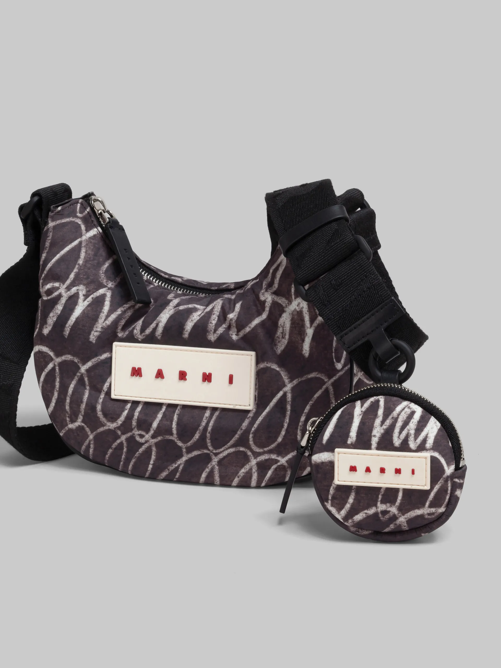 Crossbody Bags>Marni Puff Hobo Bag With Scribble Print BLACK