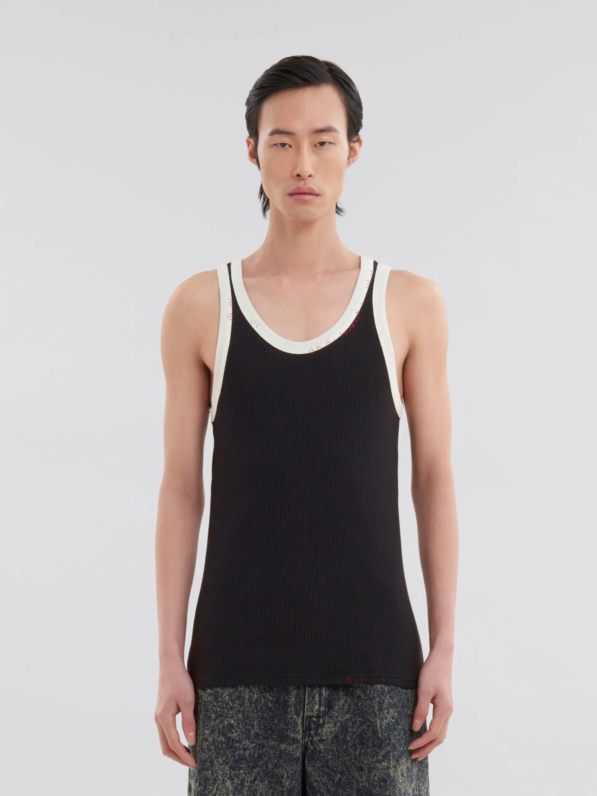 Tops & T-Shirts>Marni Ribbed Cotton Tank Top With Mending BLACK