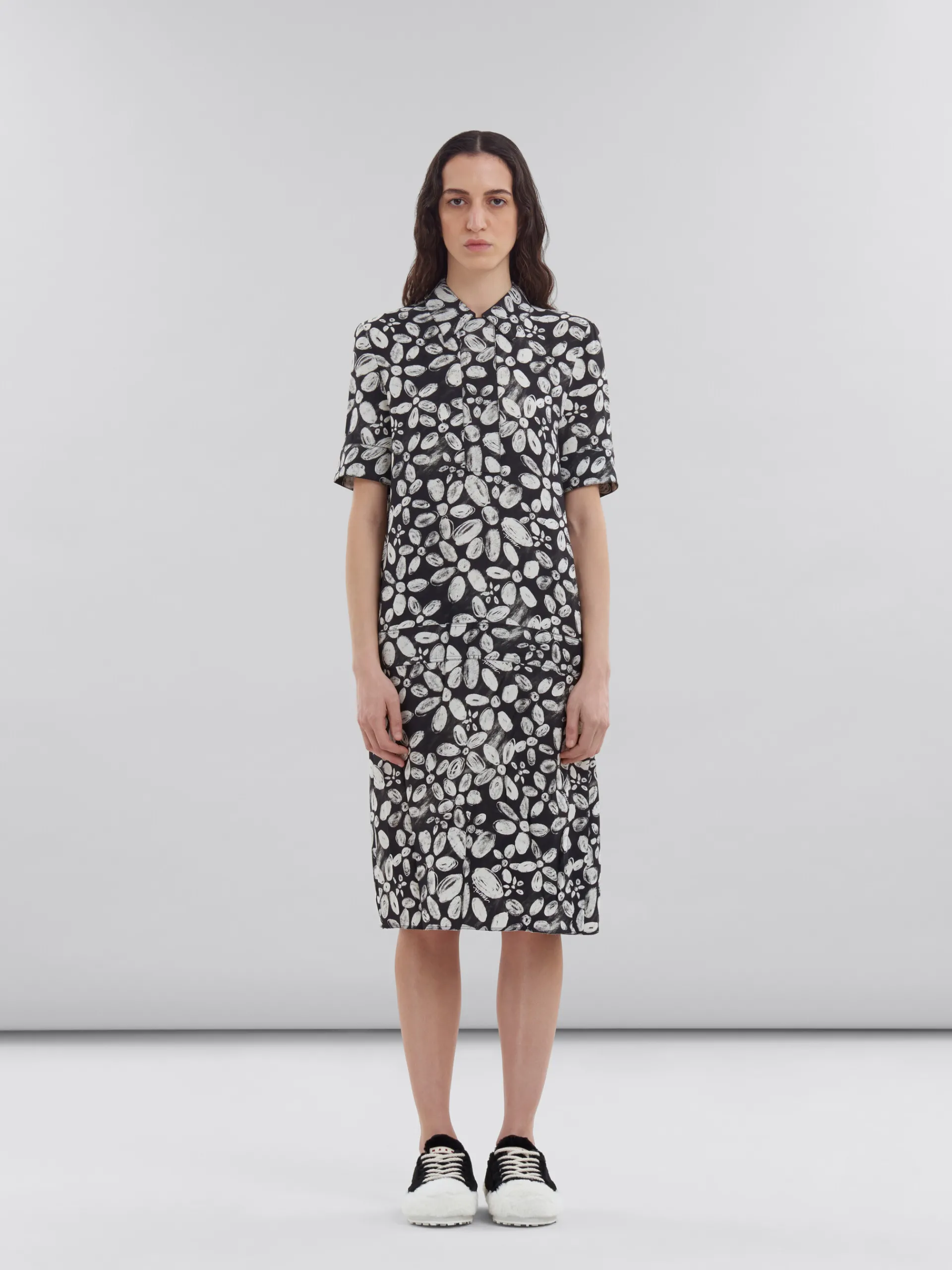 Dresses>Marni Satin-back Crêpe Dress With Blooming Print BLACK