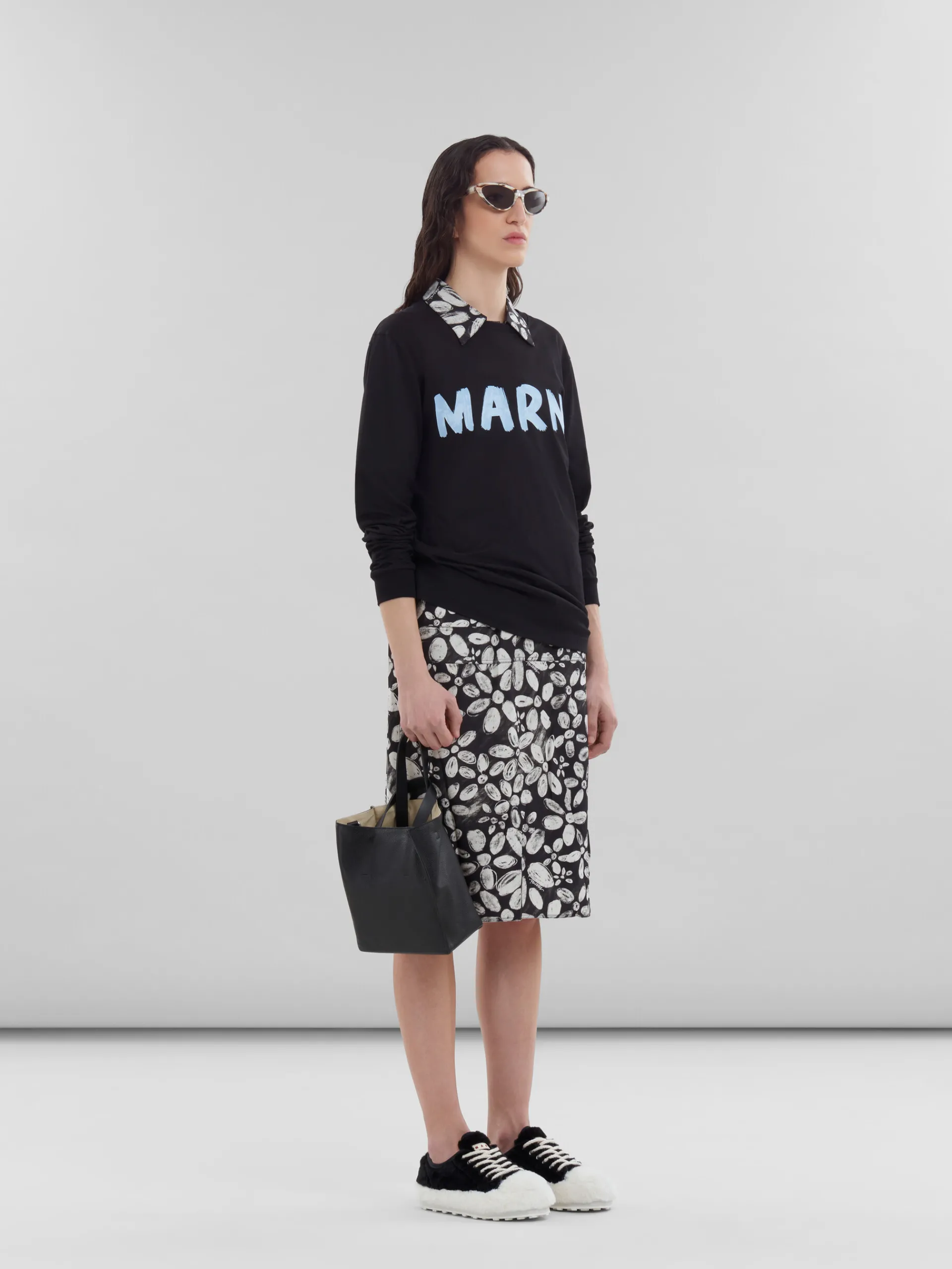 Dresses>Marni Satin-back Crêpe Dress With Blooming Print BLACK