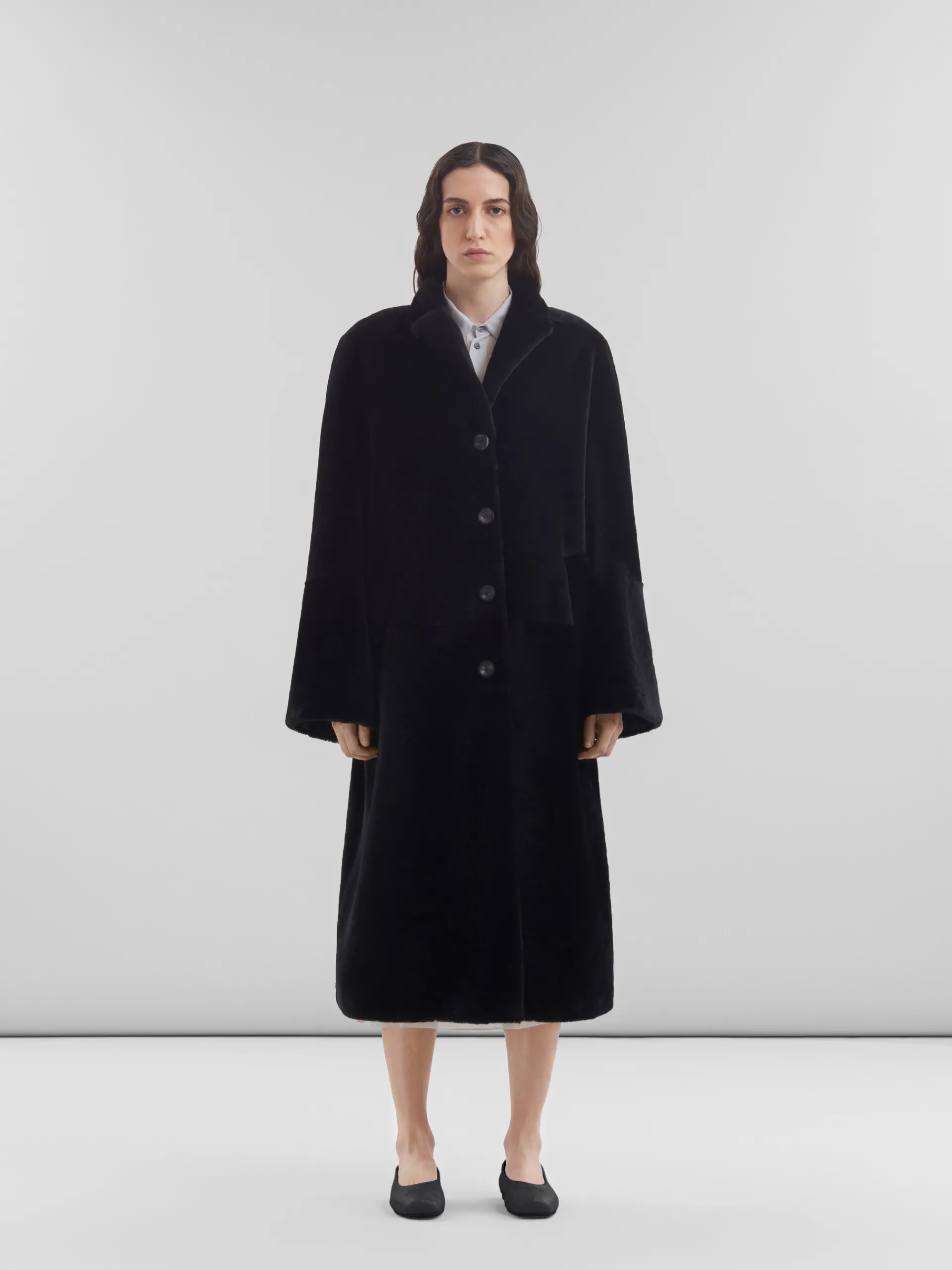 Coats & Jackets>Marni Shaved Shearling Coat With Padded Shoulders BLACK