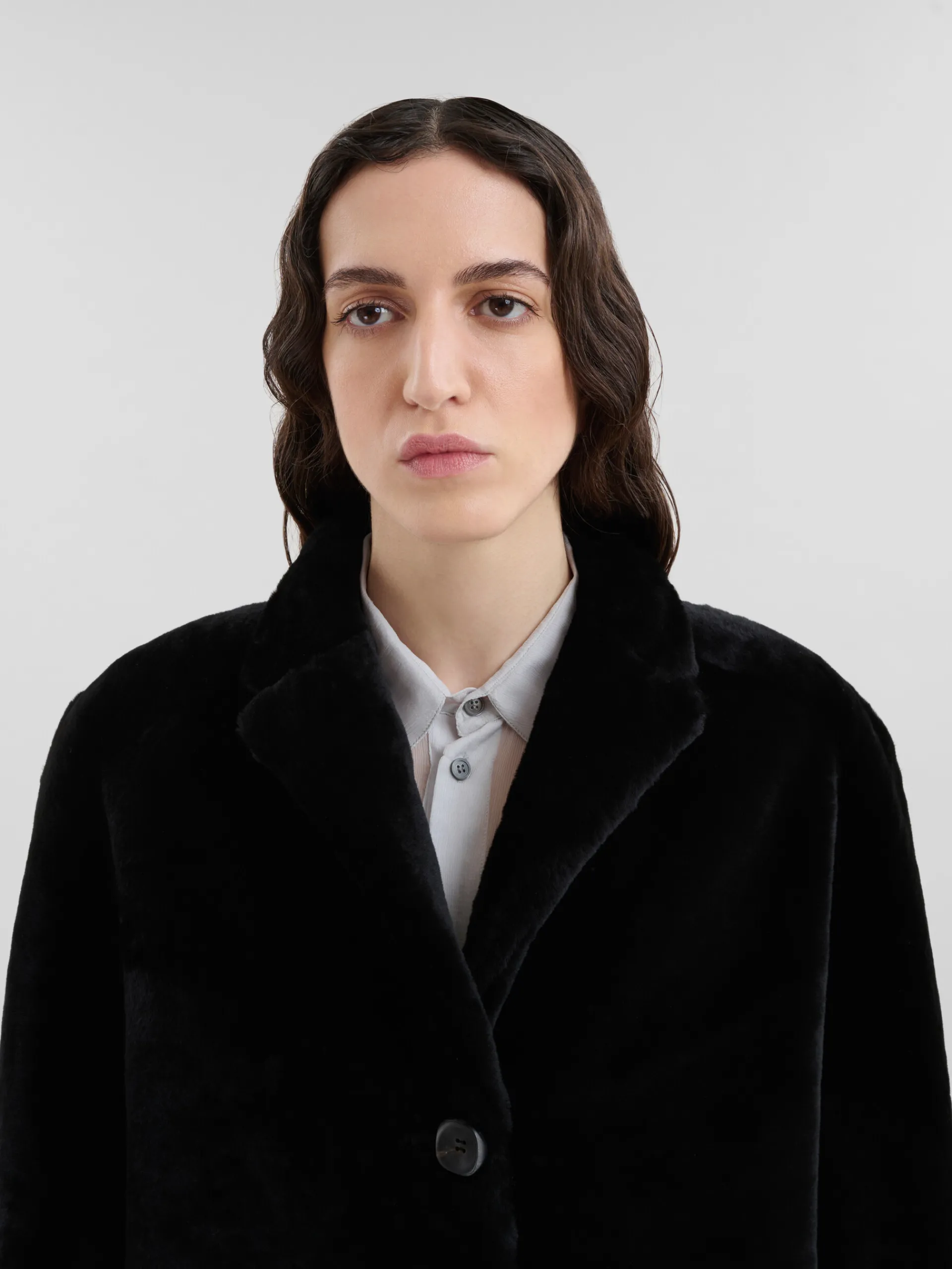 Coats & Jackets>Marni Shaved Shearling Coat With Padded Shoulders BLACK