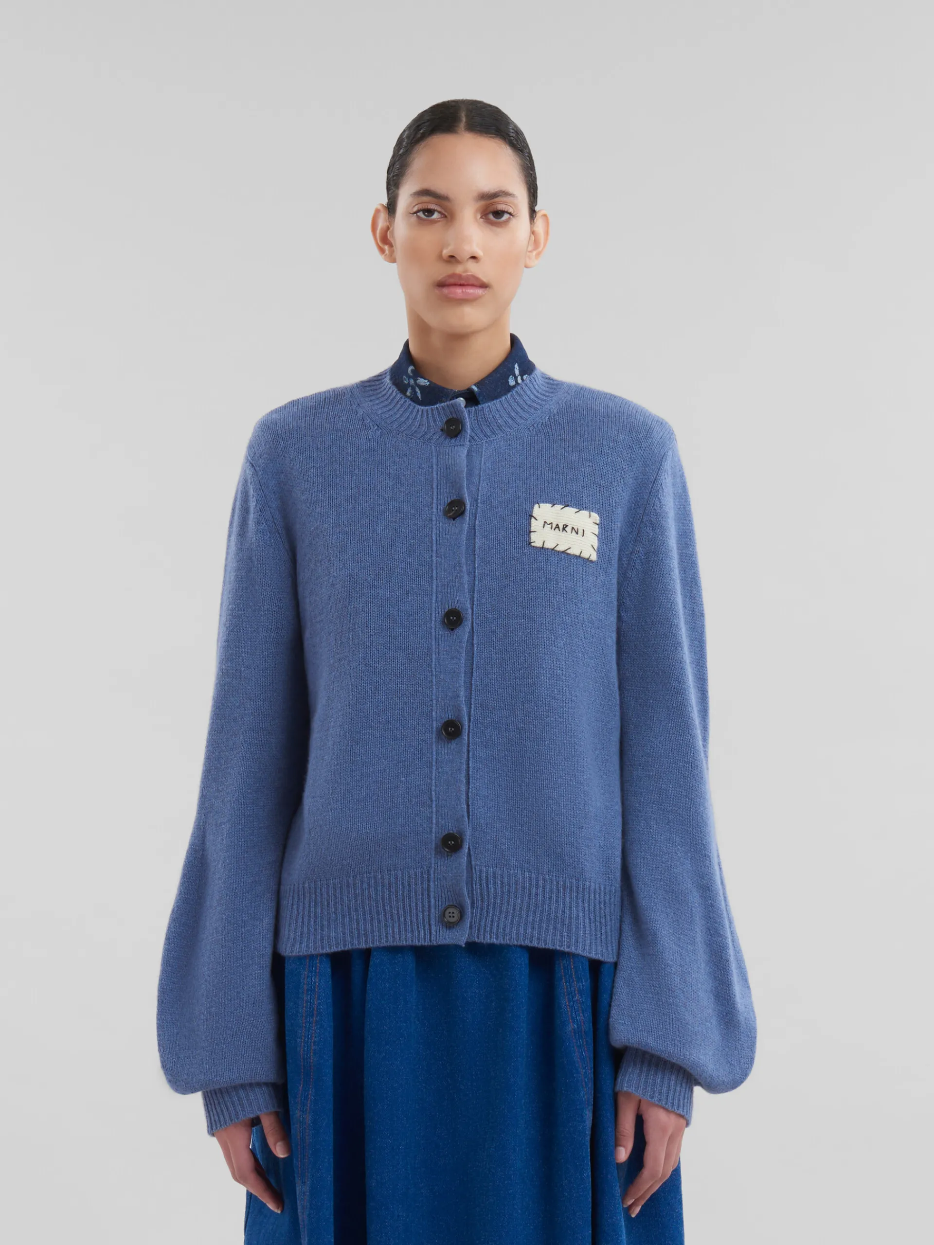 Knitwear>Marni Blue Cashmere Cardigan With Patch OPAL