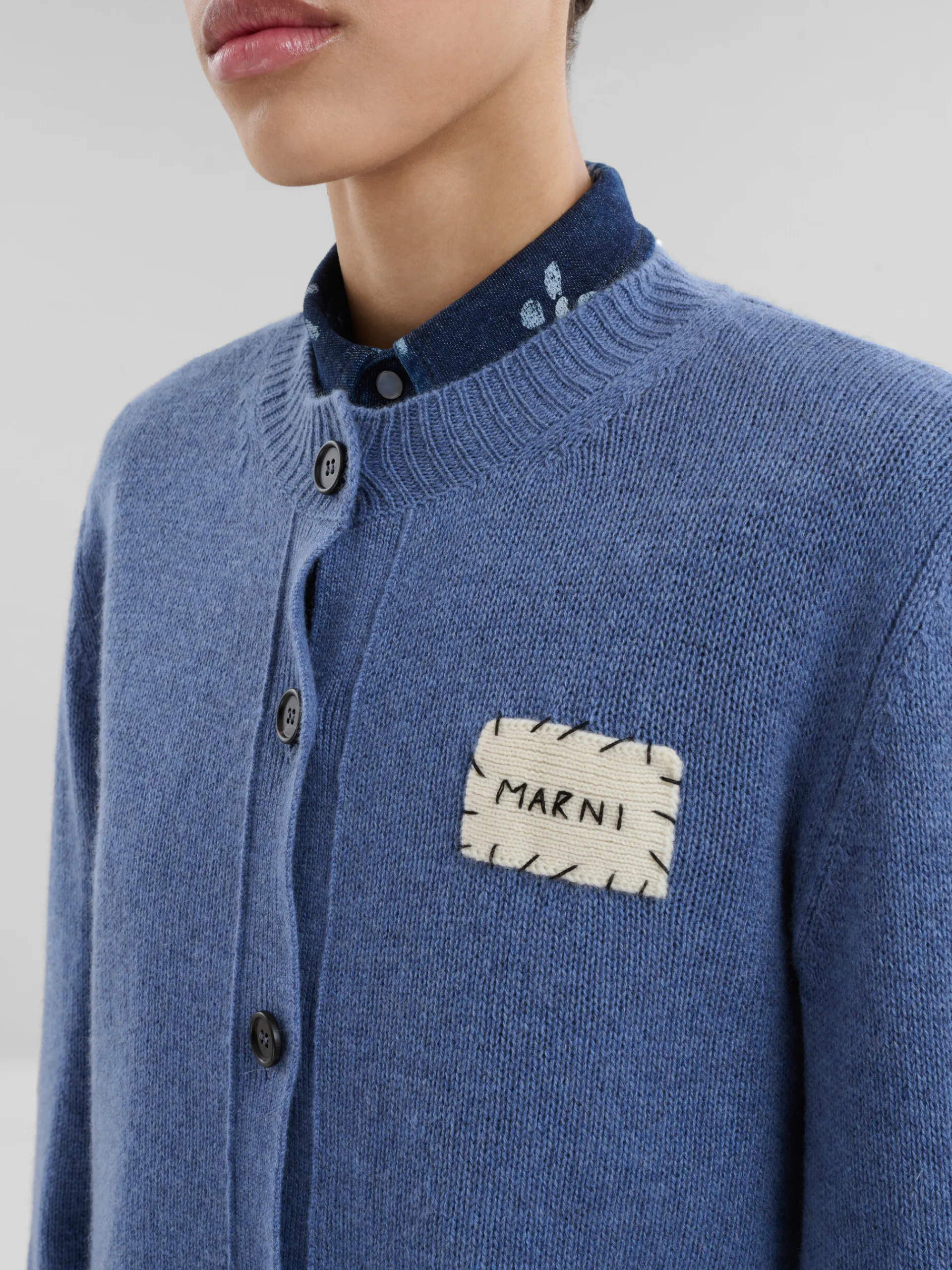 Knitwear>Marni Blue Cashmere Cardigan With Patch OPAL