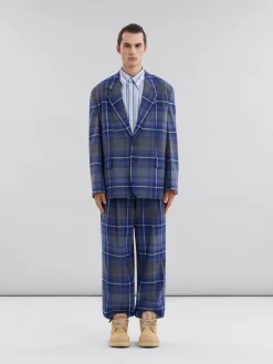Coats & Jackets>Marni Blue Checked Wool Blazer With Mending MAZARINEBLUE