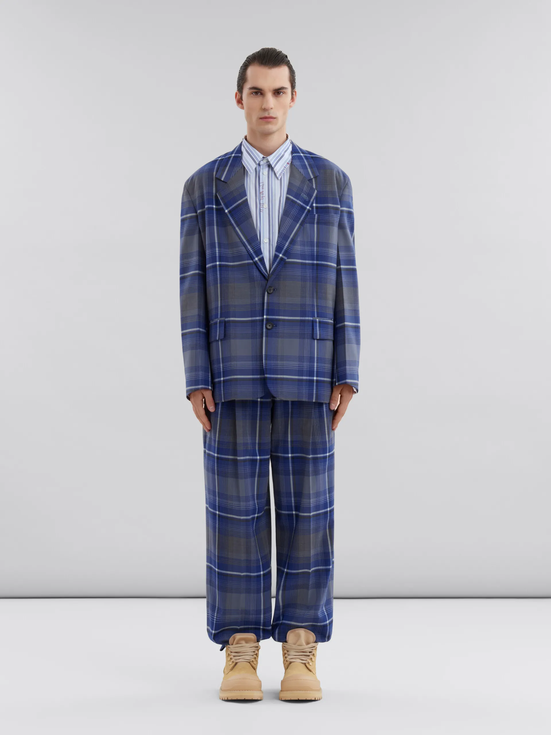 Coats & Jackets>Marni Blue Checked Wool Blazer With Mending MAZARINEBLUE