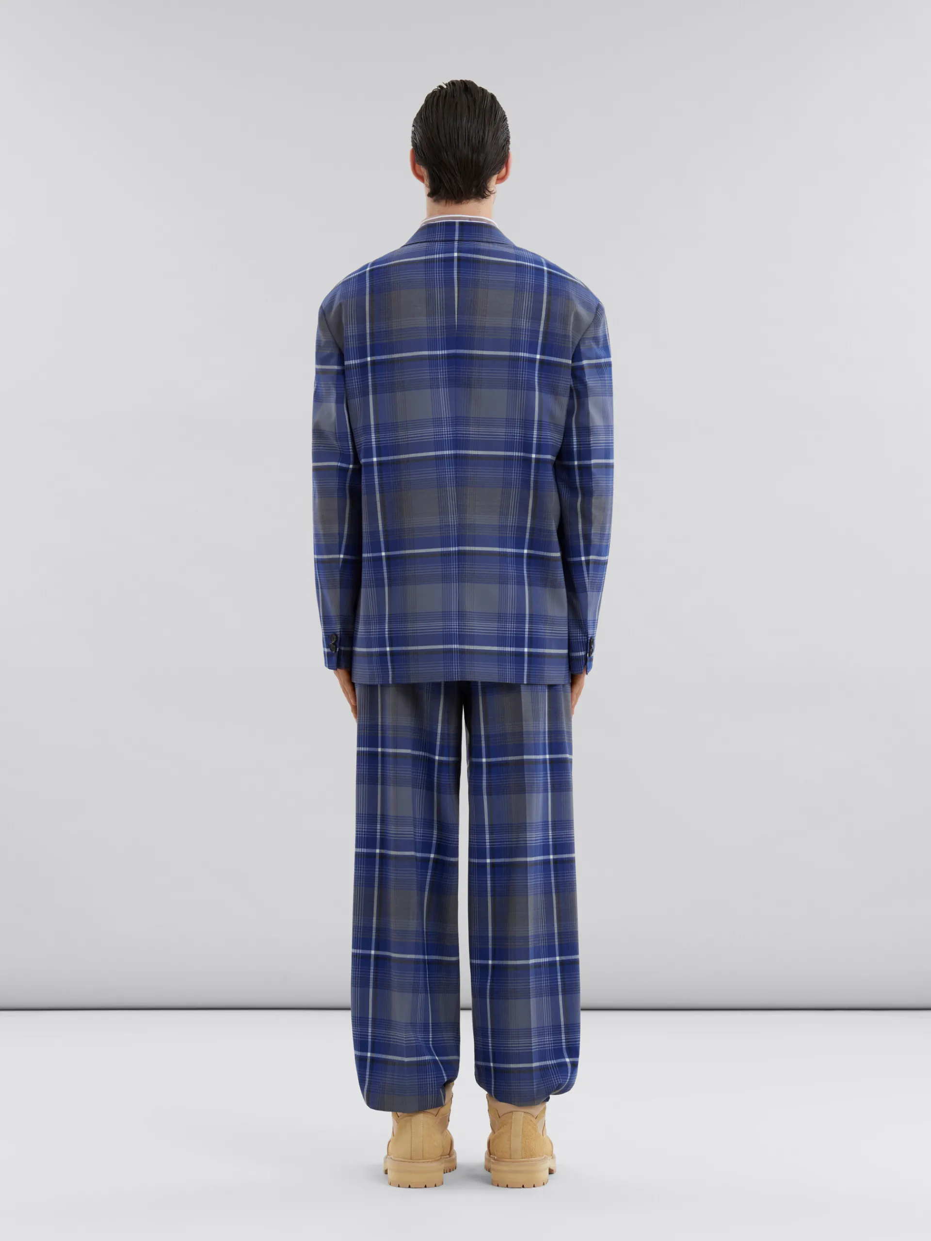 Coats & Jackets>Marni Blue Checked Wool Blazer With Mending MAZARINEBLUE