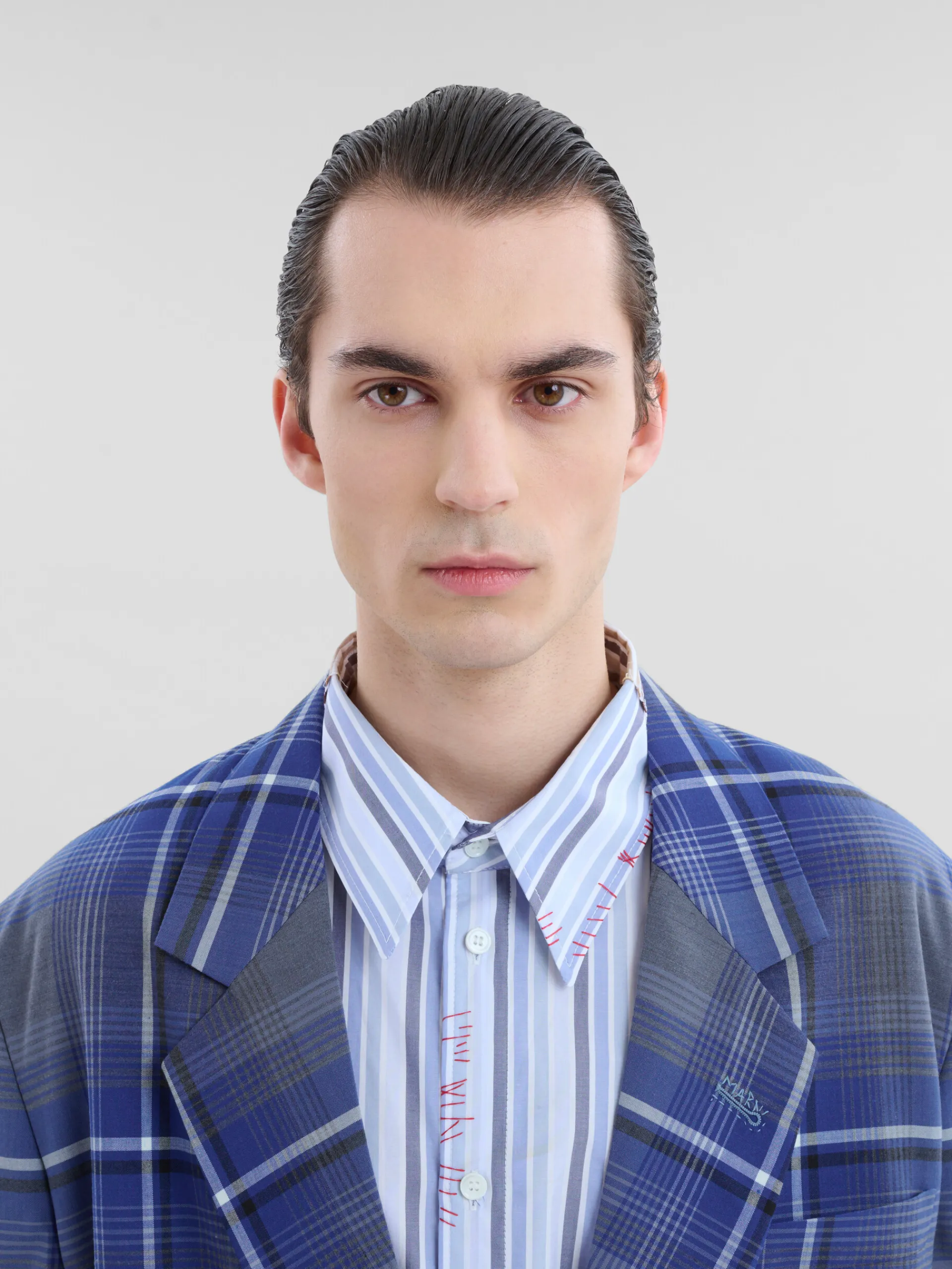 Coats & Jackets>Marni Blue Checked Wool Blazer With Mending MAZARINEBLUE