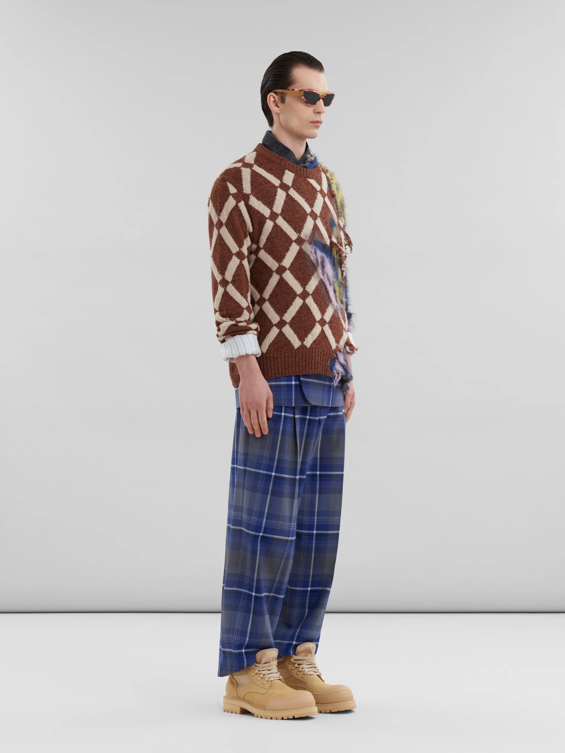 Coats & Jackets>Marni Blue Checked Wool Blazer With Mending MAZARINEBLUE