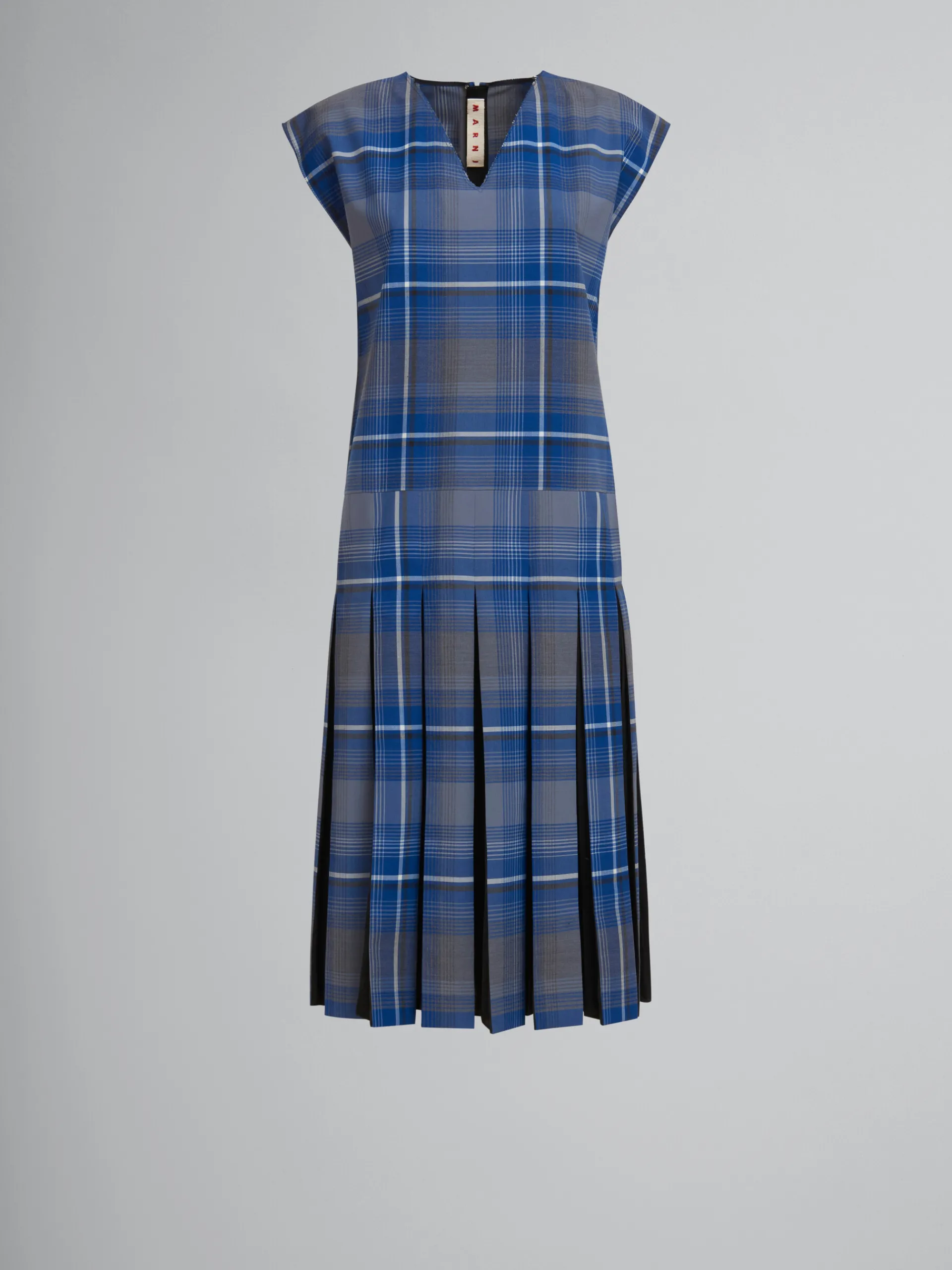 Dresses>Marni Blue Checked Wool Blend Dress With Contrast Pleats MAZARINEBLUE