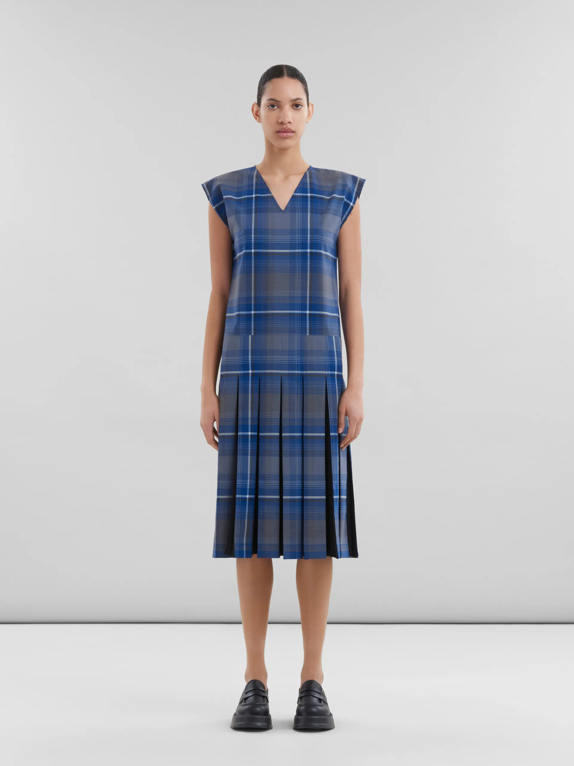 Dresses>Marni Blue Checked Wool Blend Dress With Contrast Pleats MAZARINEBLUE