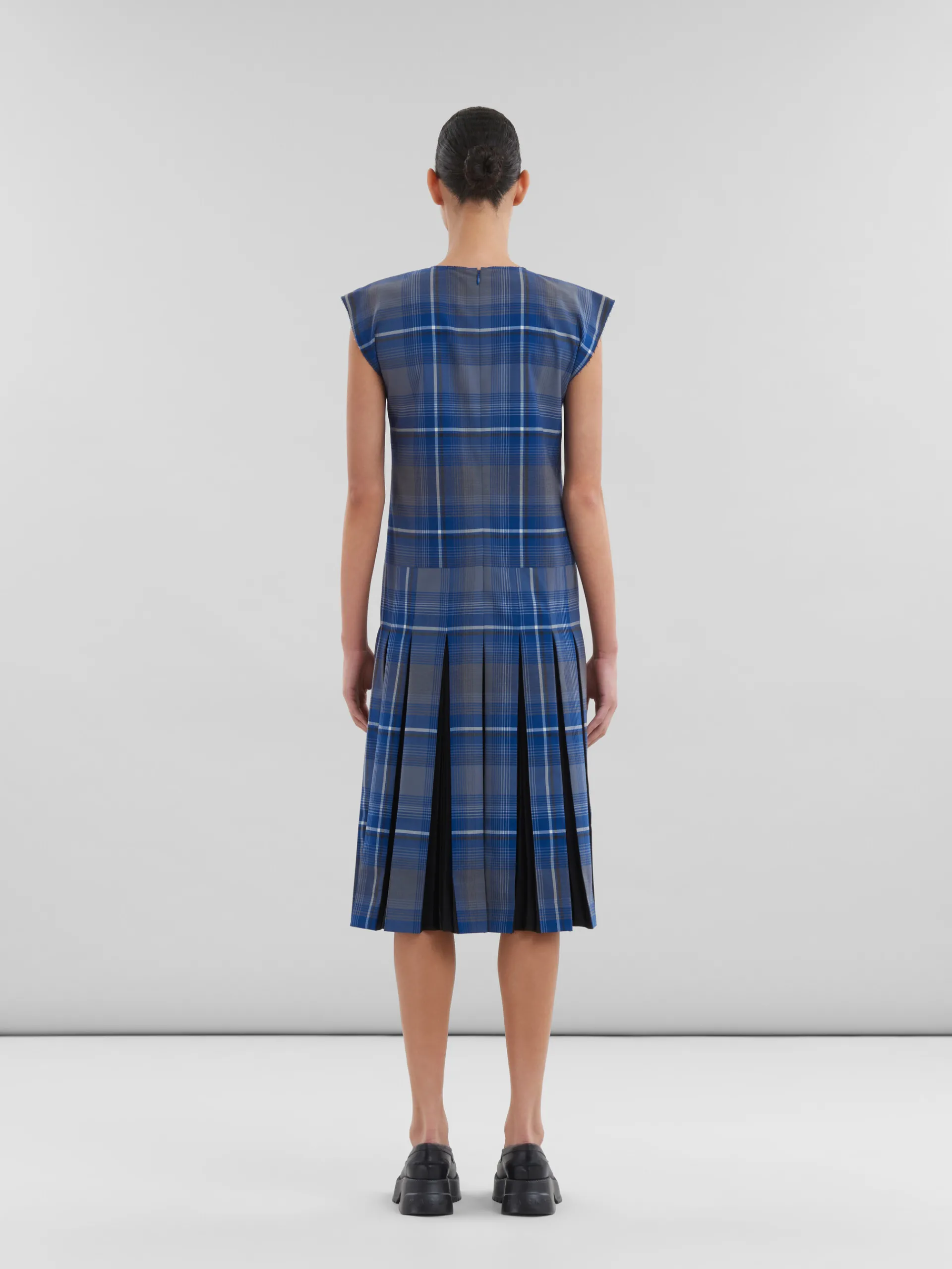 Dresses>Marni Blue Checked Wool Blend Dress With Contrast Pleats MAZARINEBLUE